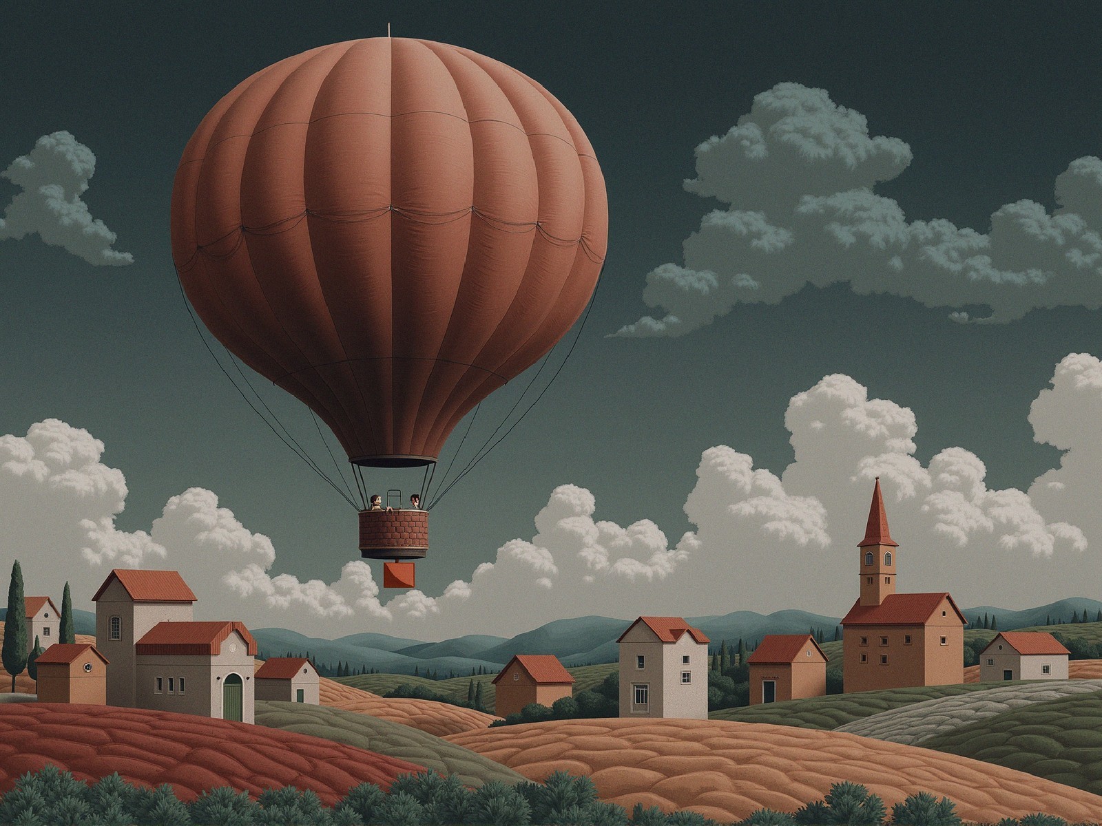 Red Hot Air Balloon Over Picturesque Countryside Scene