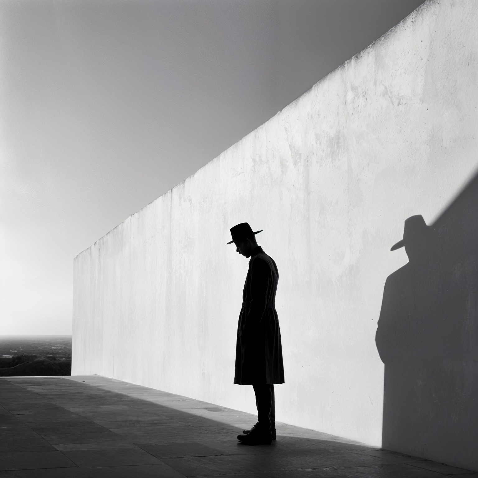 Solitary Figure in Shadows Against White Wall