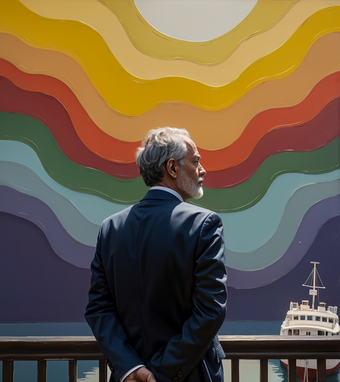 Man in Suit Observing Colorful Mural and Boat