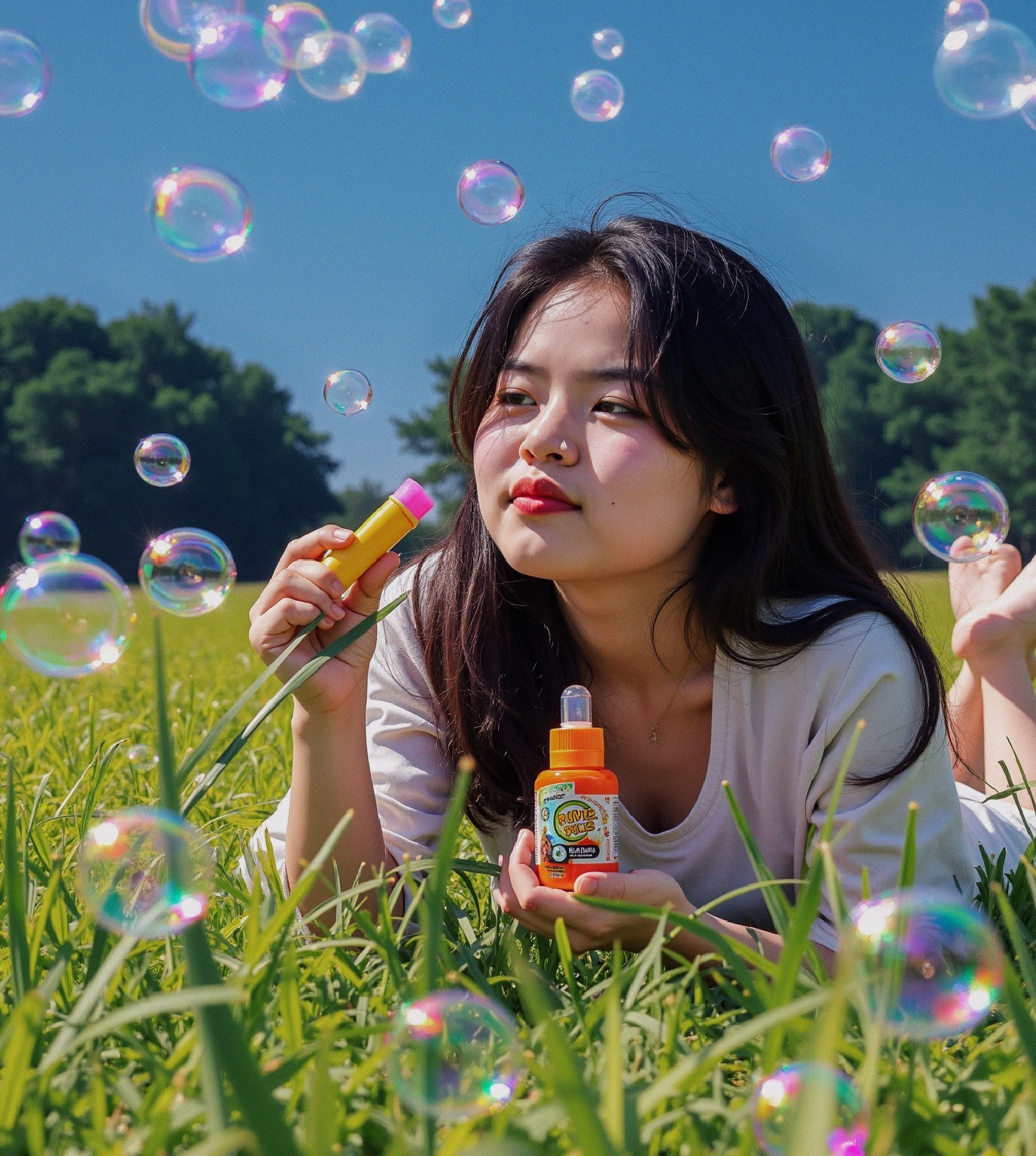Young woman in grassy field with bubbles and wand