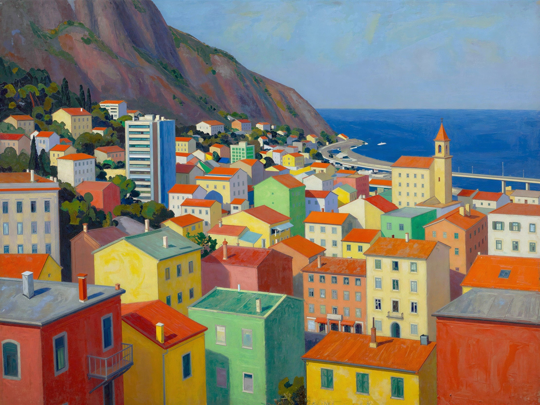 Coastal Town Oil Painting with Colorful Buildings