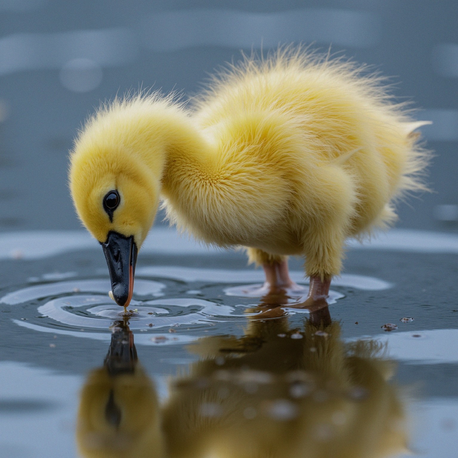 Fluffy Yellow Duckling by Calm Water Reflection