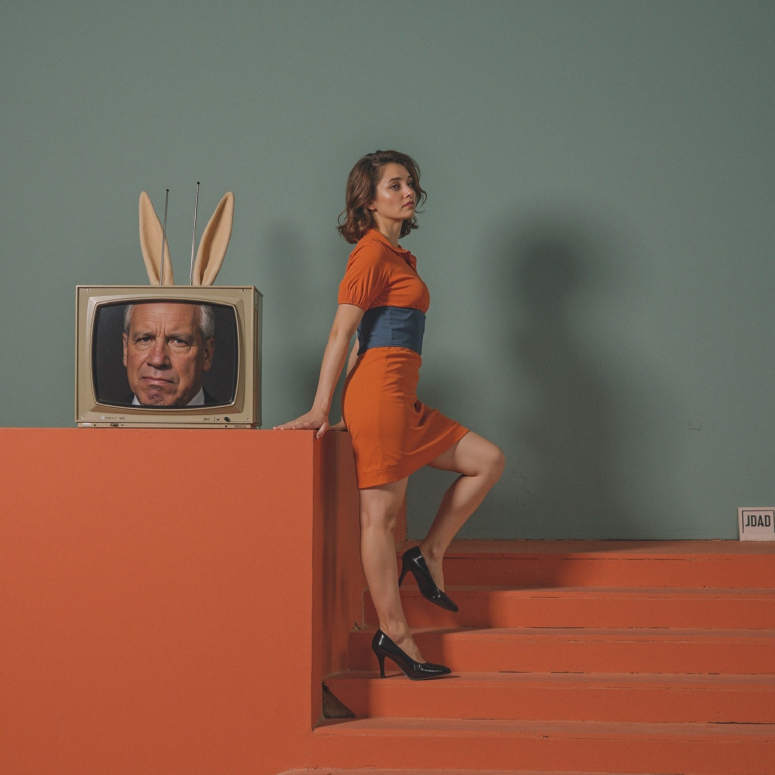 Woman in Orange Dress on Colorful Stairs with TV