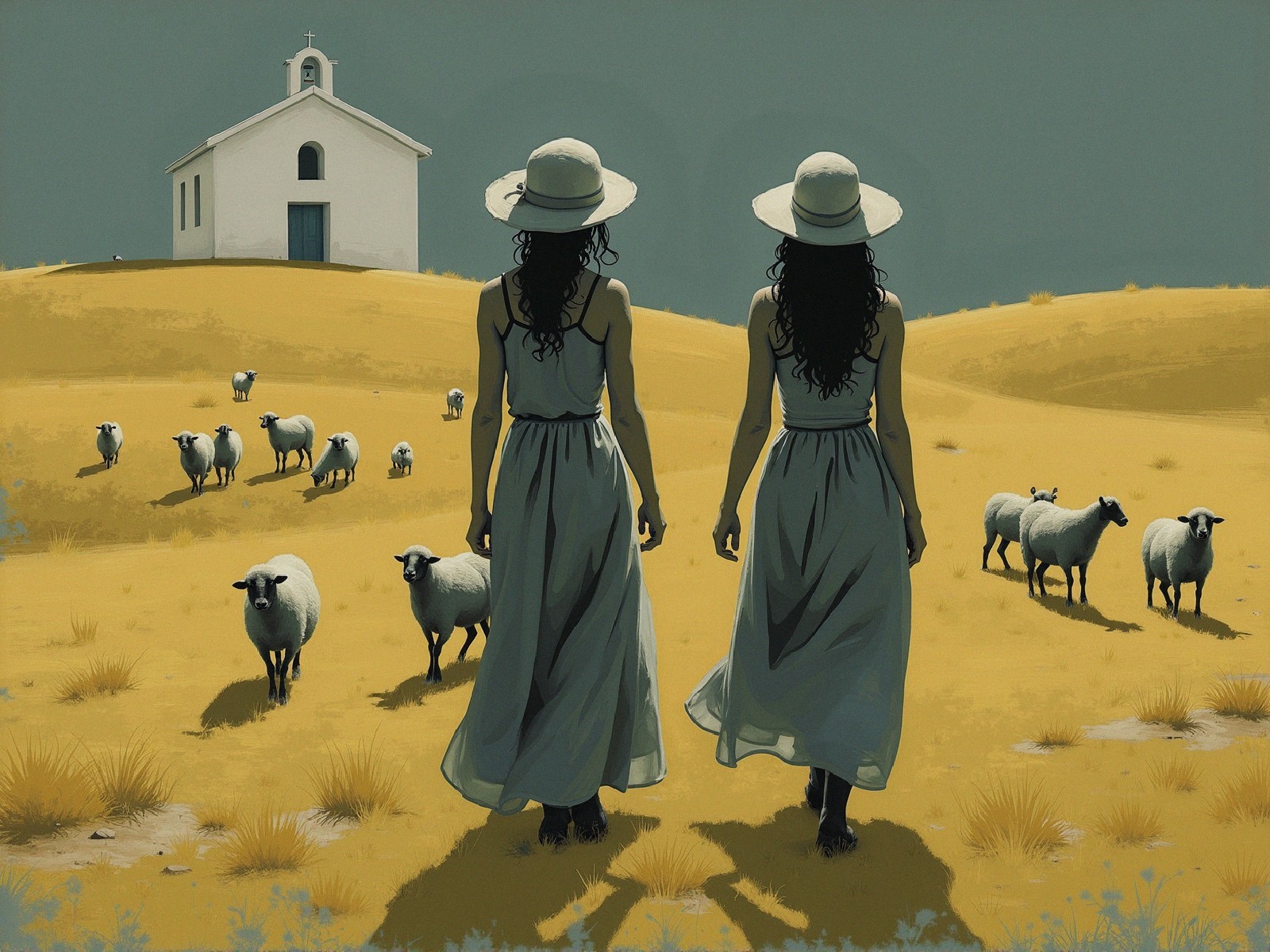 Serene Landscape with Women Walking to Chapel