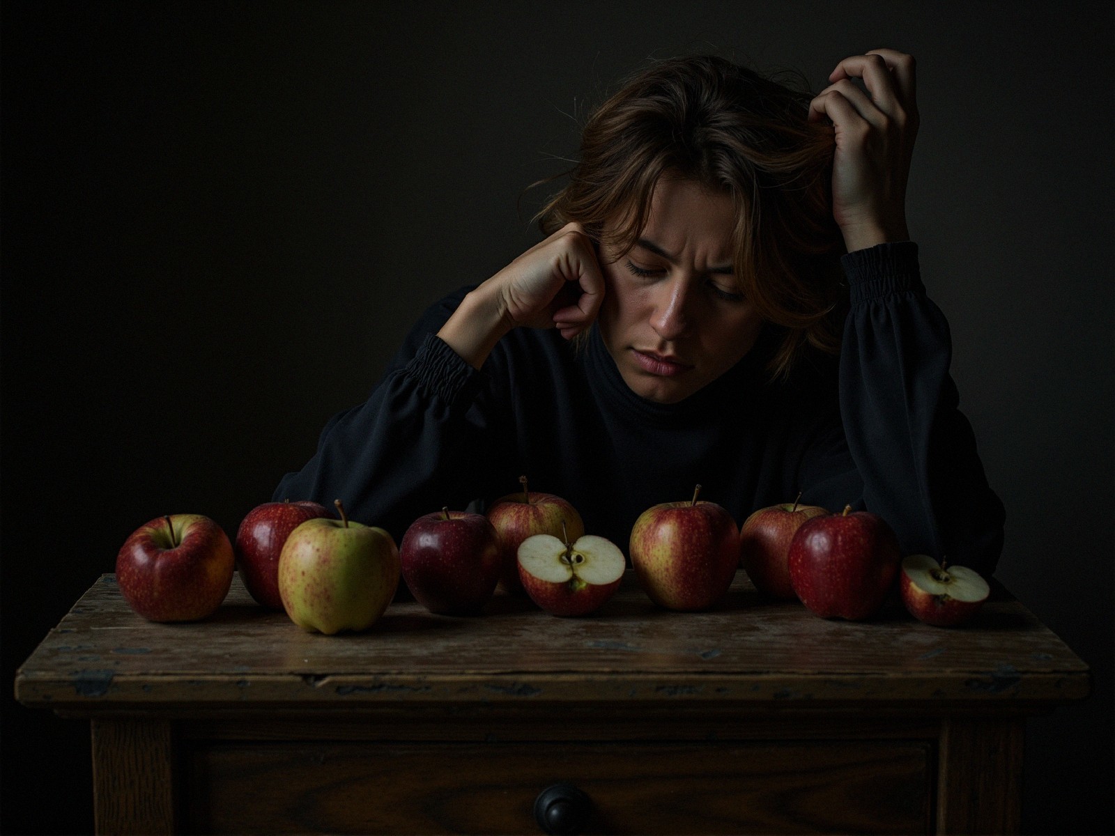 Contemplative Woman with Apples on Wooden Table
