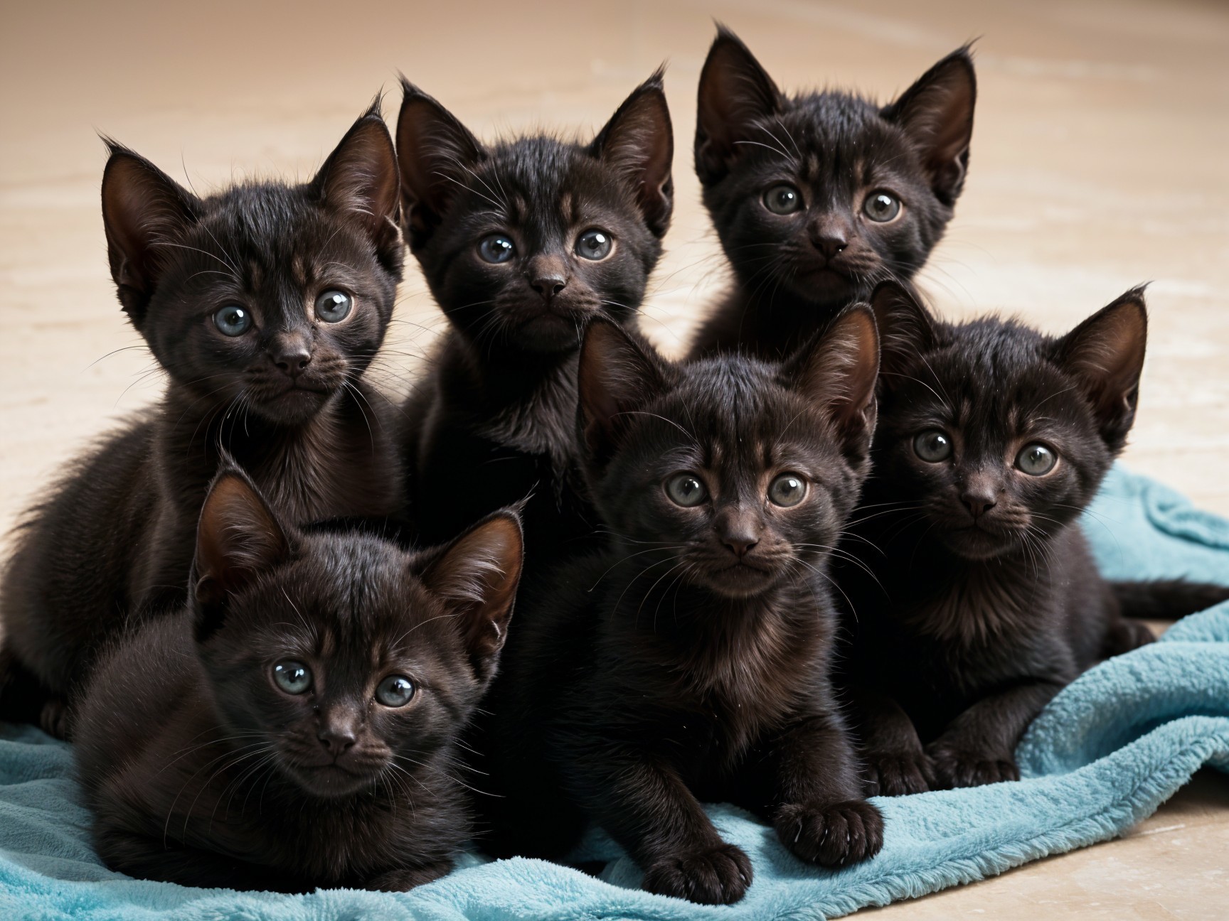 Group of Six Black Kittens on Blue Blanket