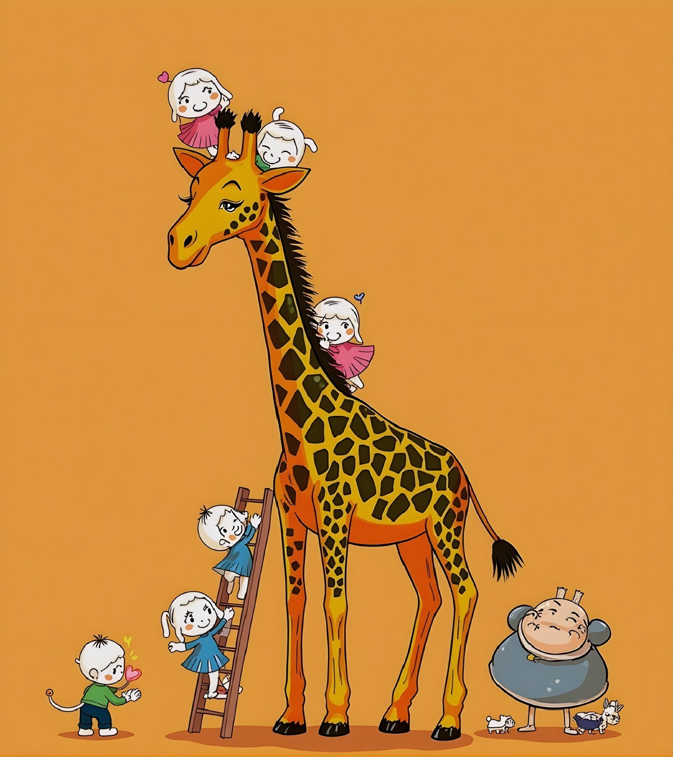 Whimsical Cartoon Scene with Giraffe and Children