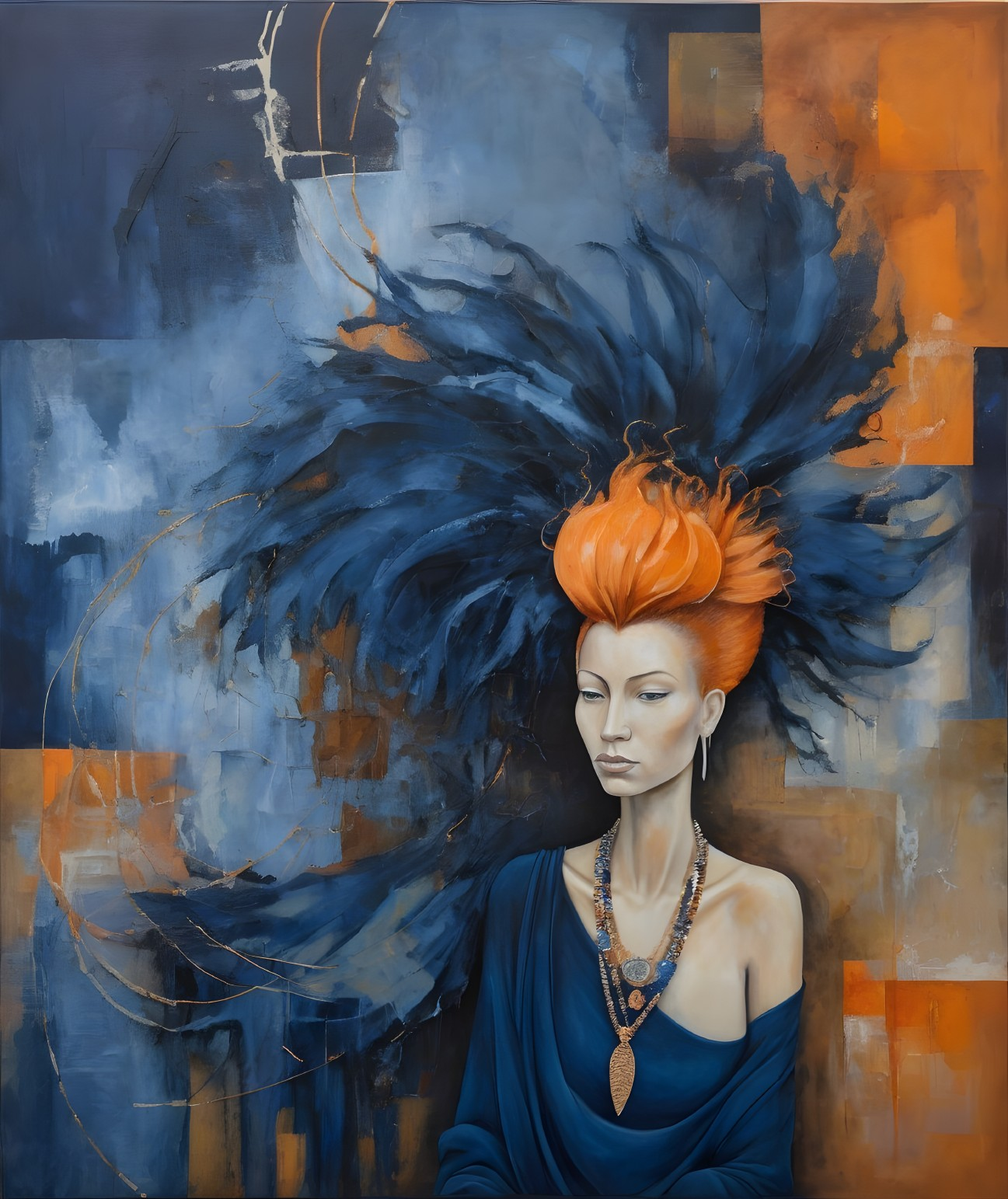 Vivid Orange-Haired Figure with Abstract Background