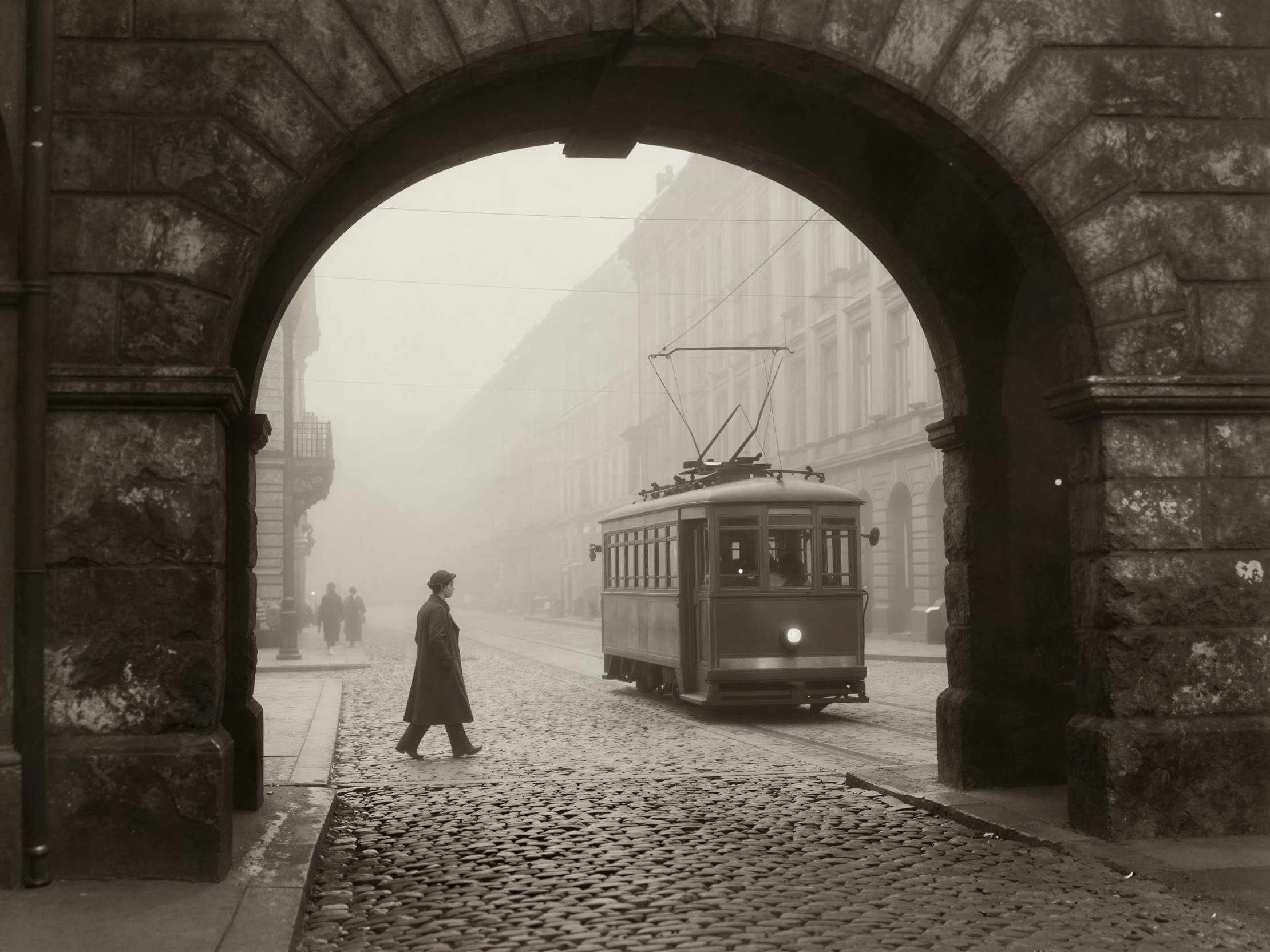 Foggy Street Scene Through Stone Archway in Black and White