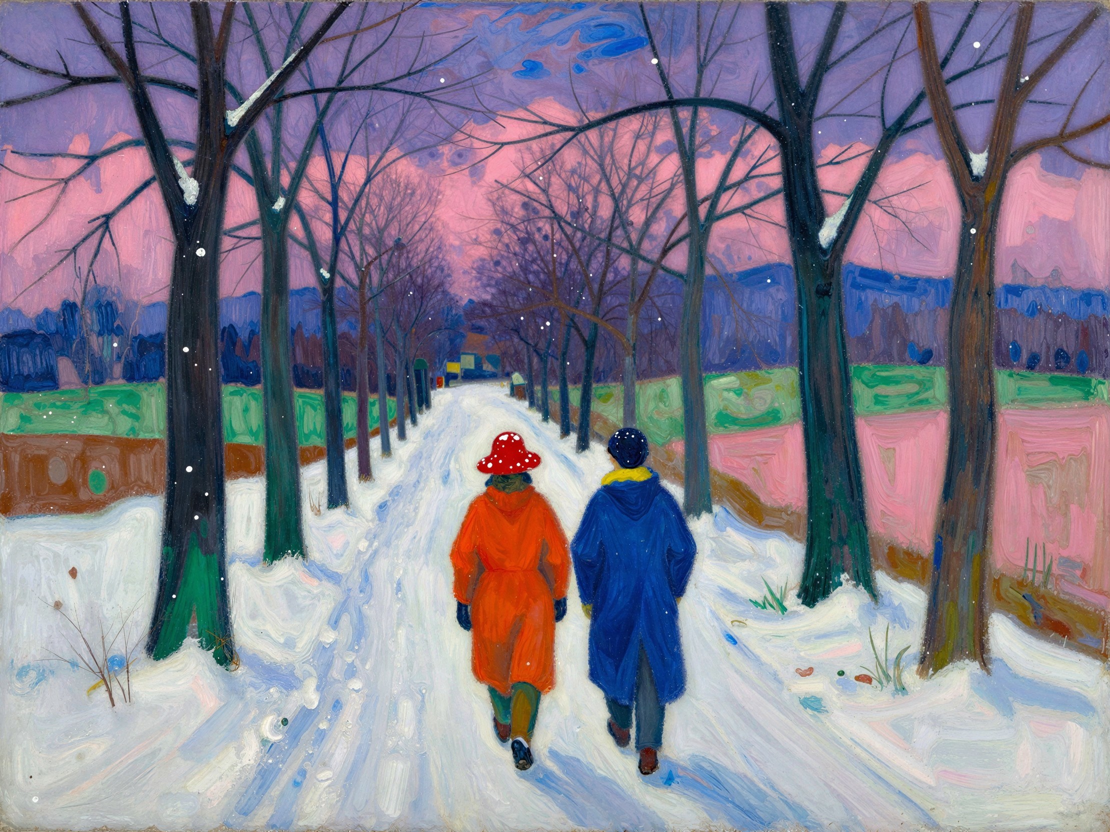 Figures in Colorful Coats on Snowy Road Landscape