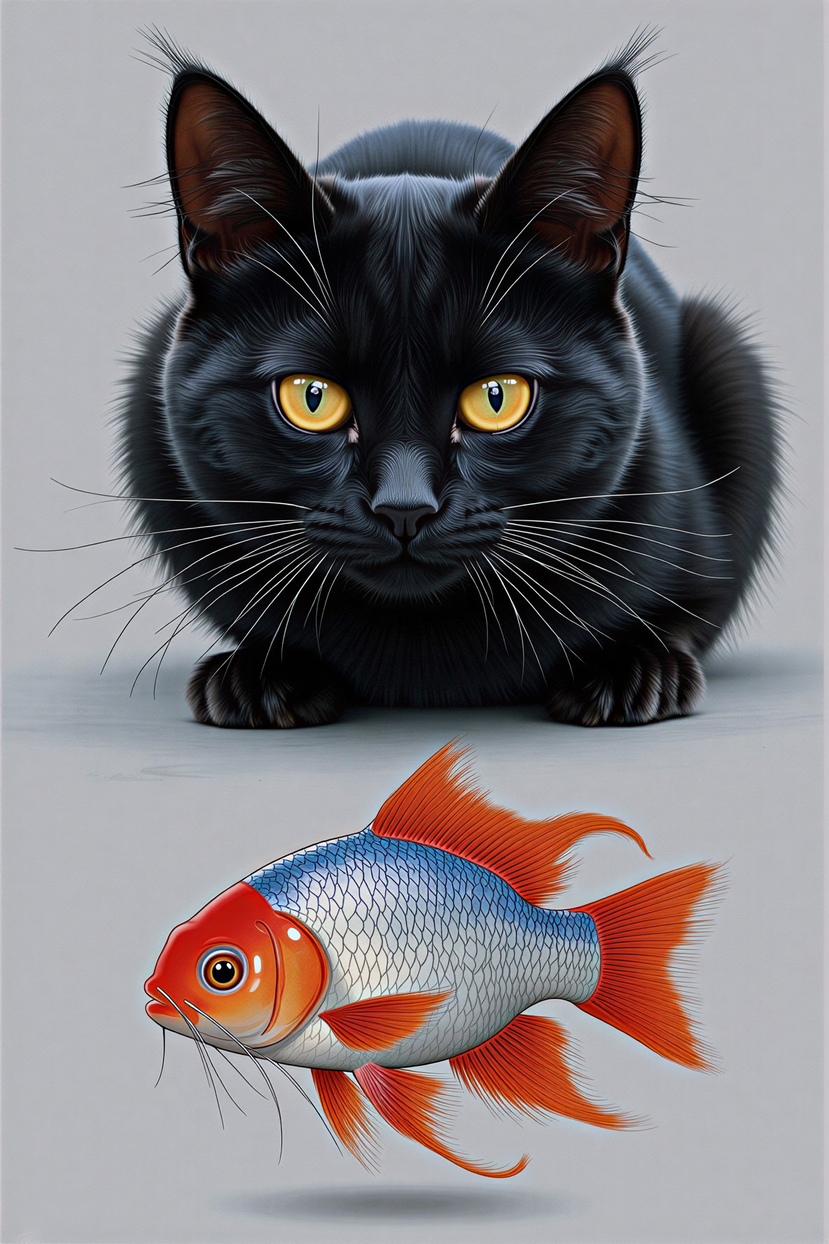 Black Cat and Goldfish Illustration with Contrasting Colors