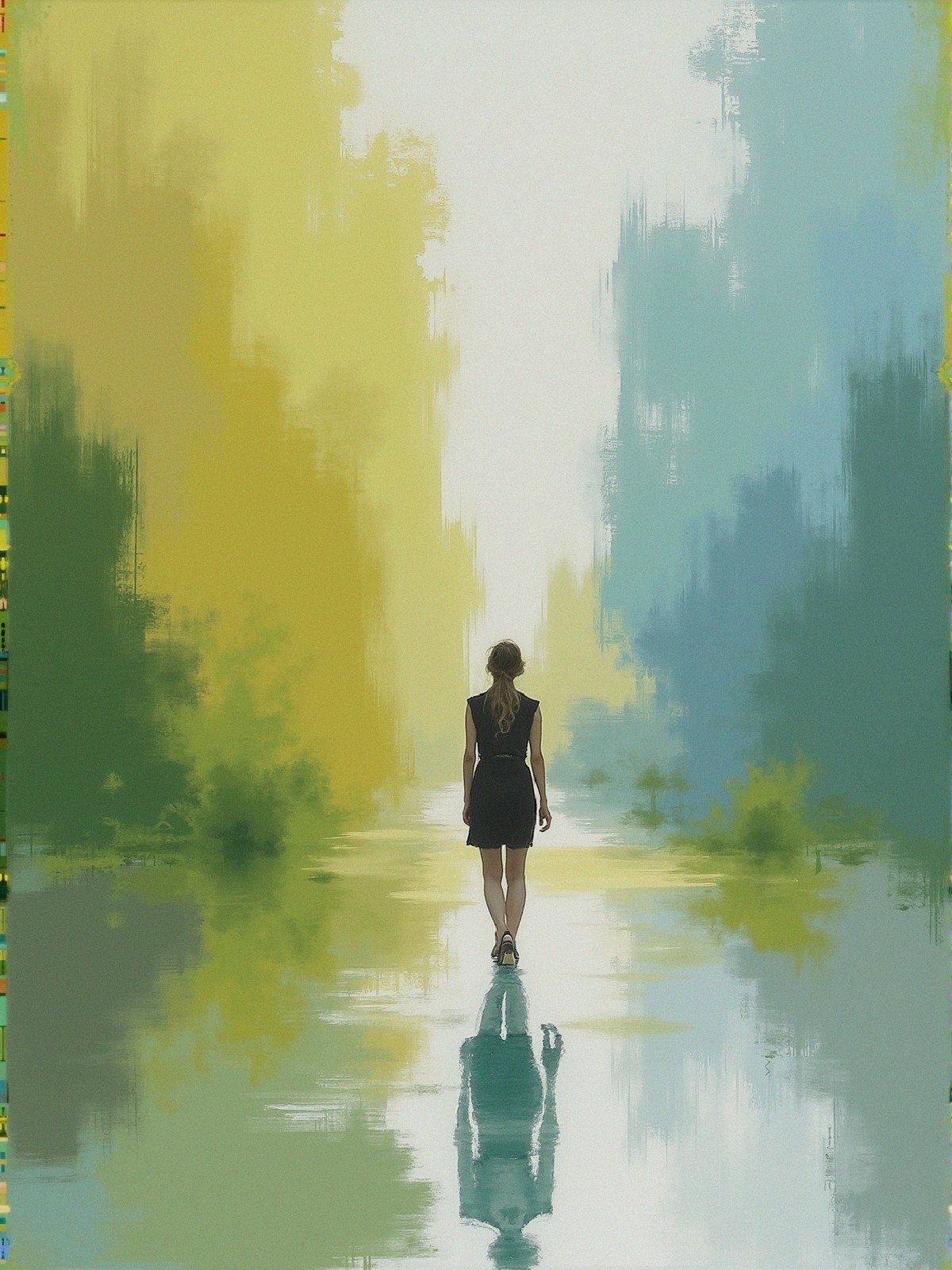 Solitary Figure on a Tranquil Reflective Pathway