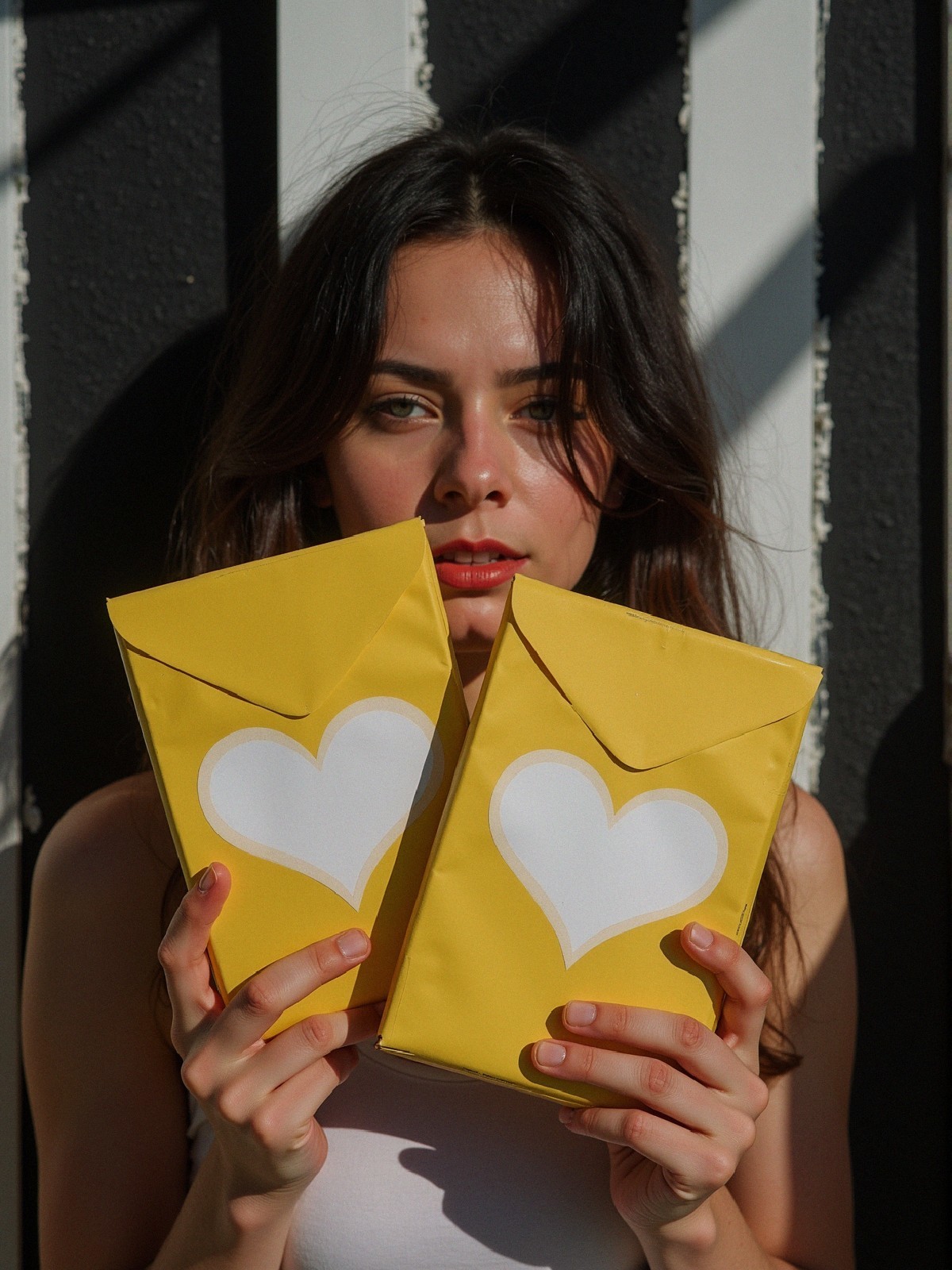 Young Woman with Heart Envelopes in Sunlit Setting