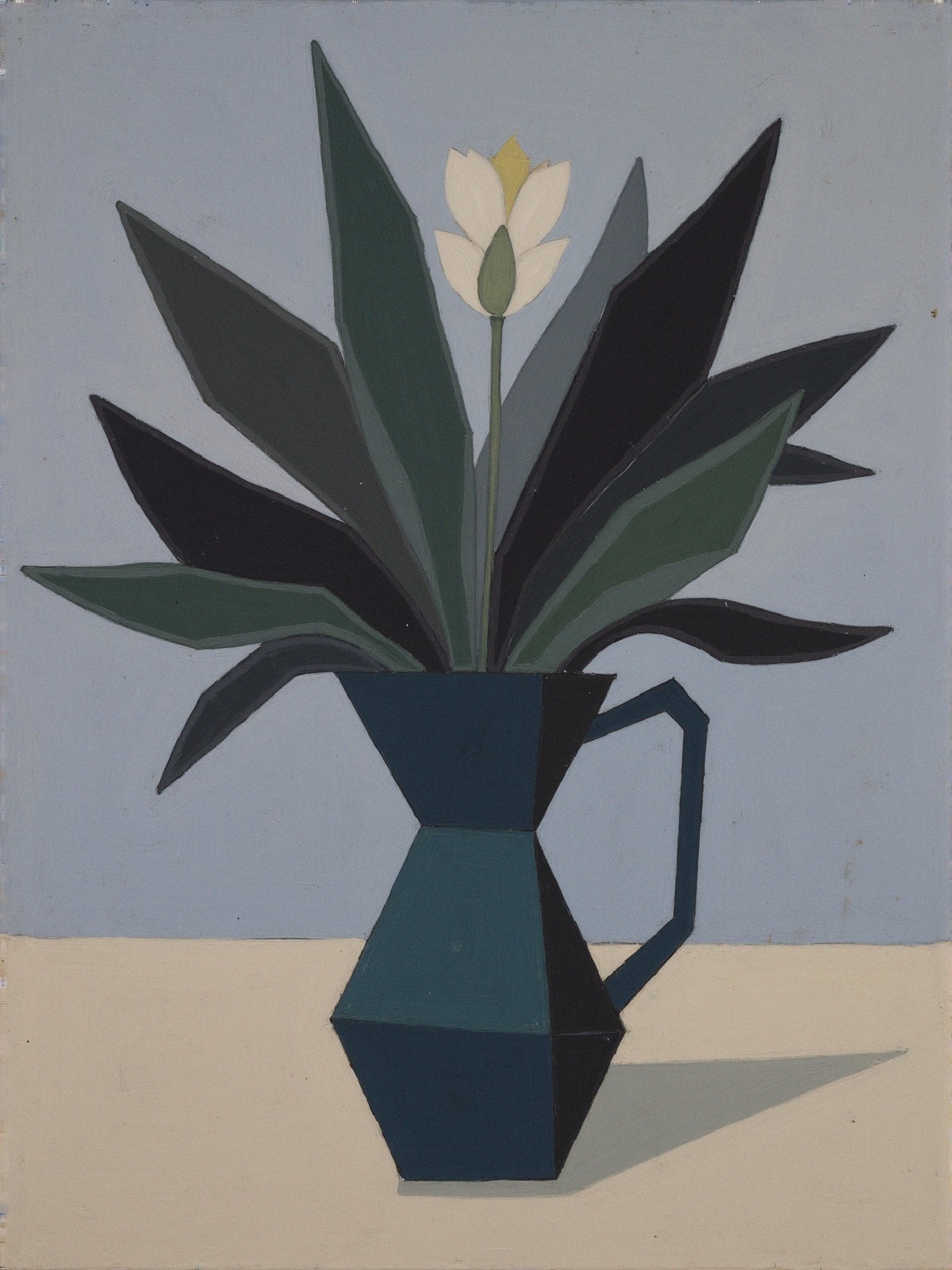 Minimalist Still Life with Blue Pitcher and Plant