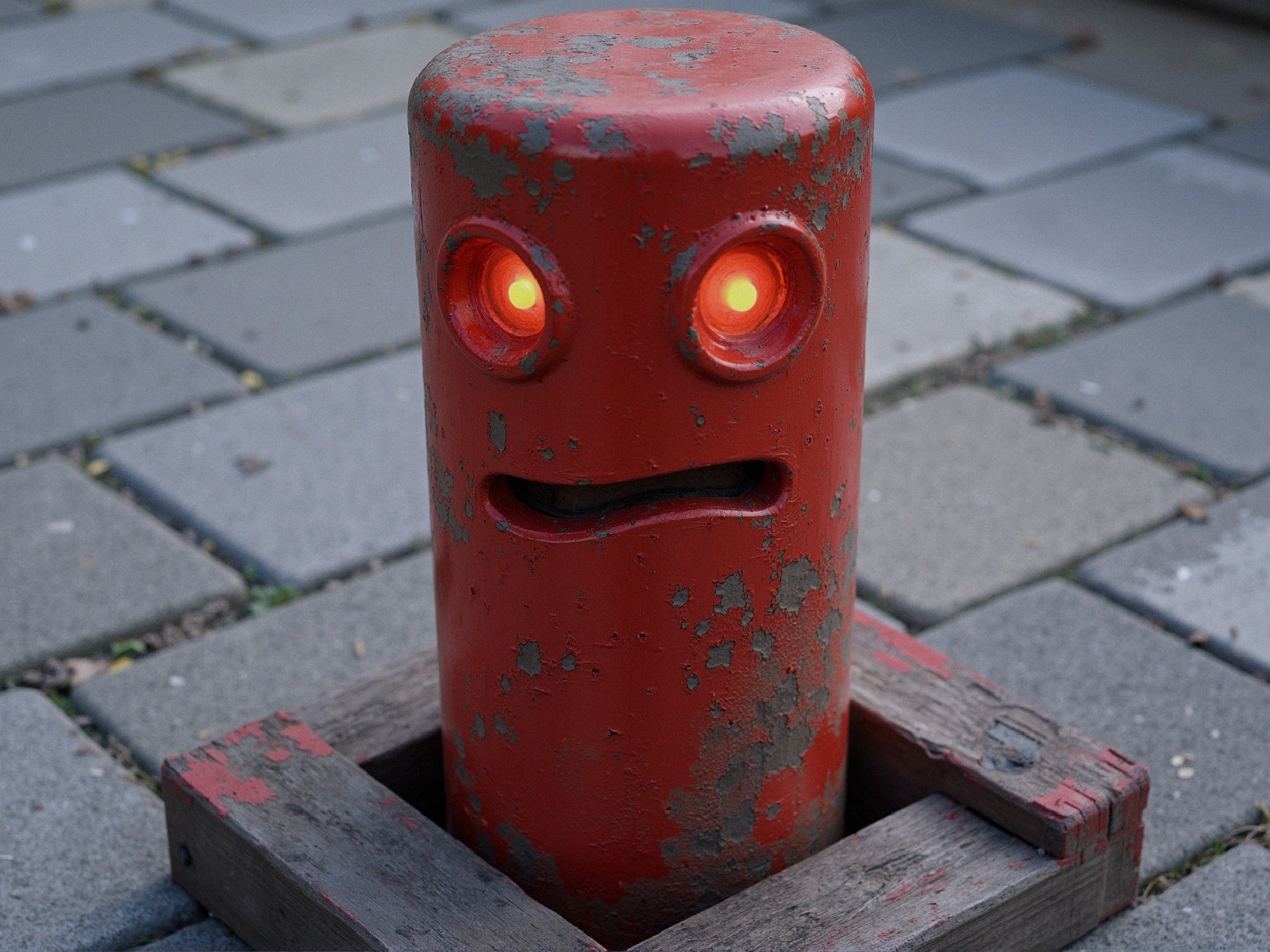 Cylindrical red object with glowing eyes in wooden frame