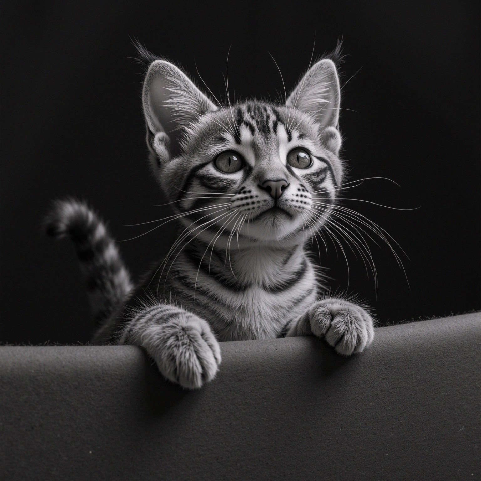 Black-and-white portrait of a curious striped kitten