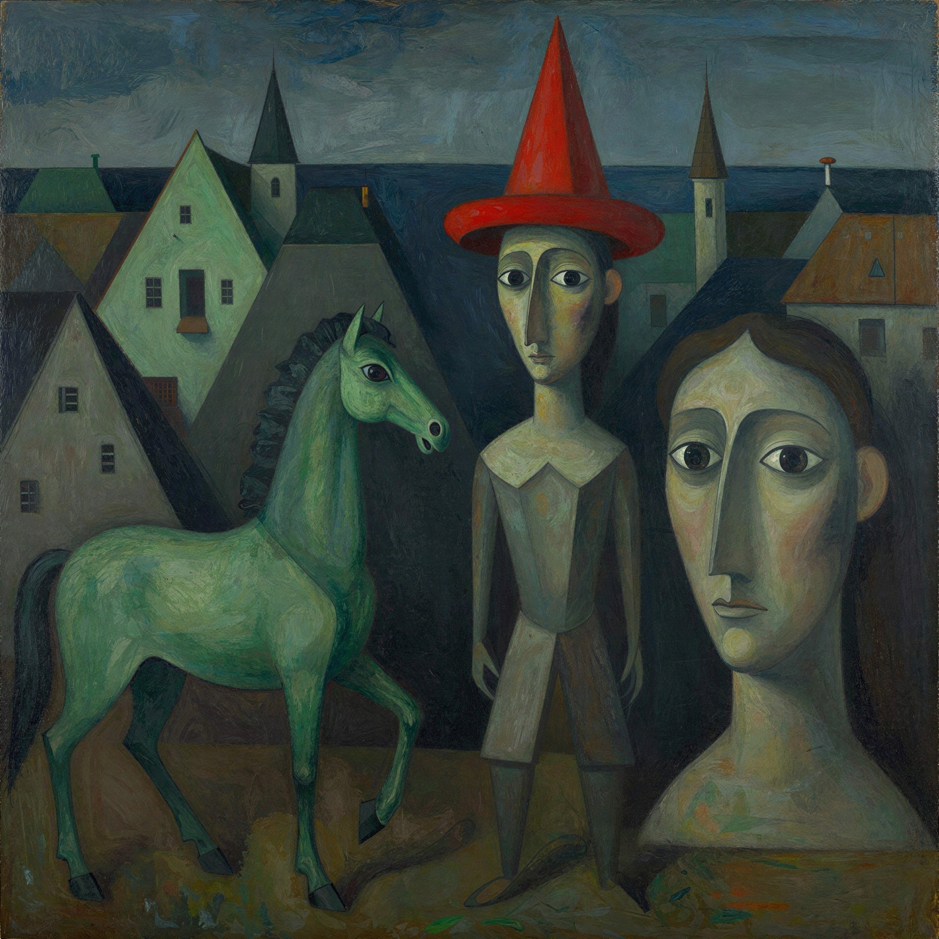 Surrealist Oil Painting of Boy, Horse, and Village Scene