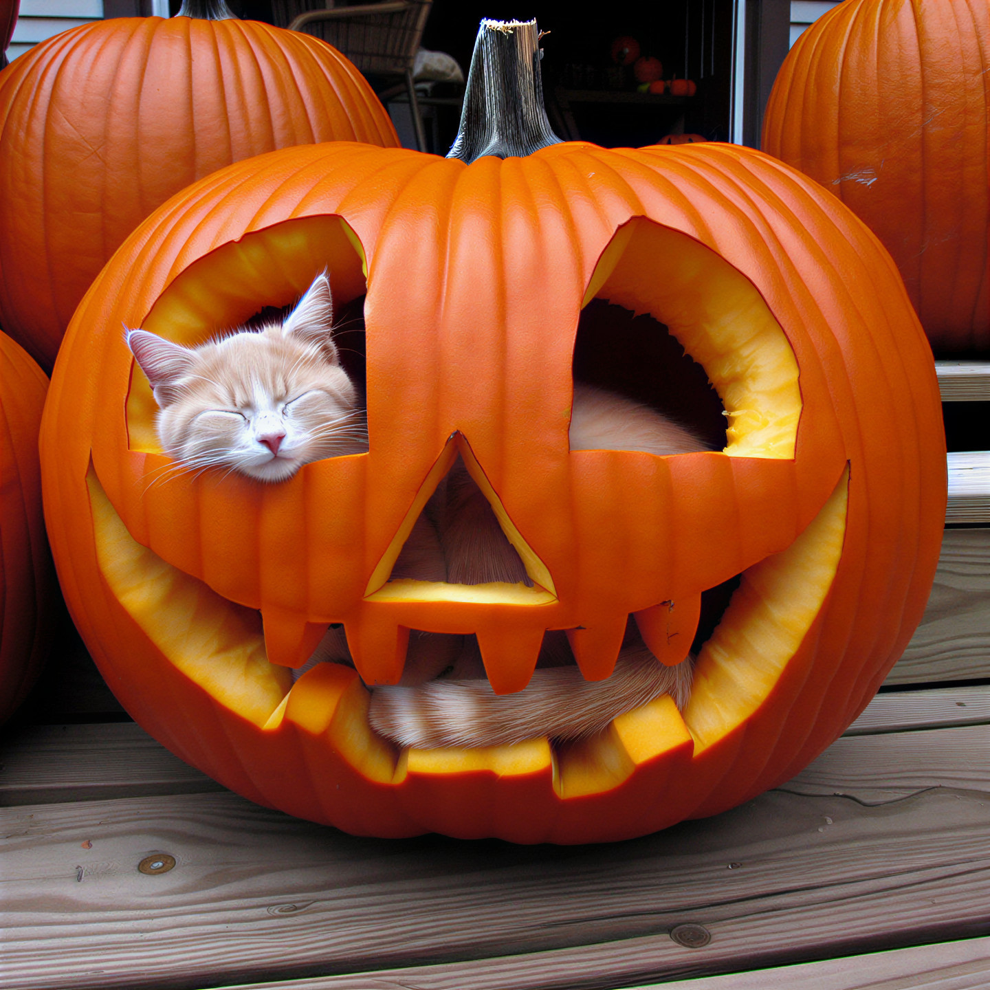 Playful Pumpkin and Sleeping Ginger Cat Scene