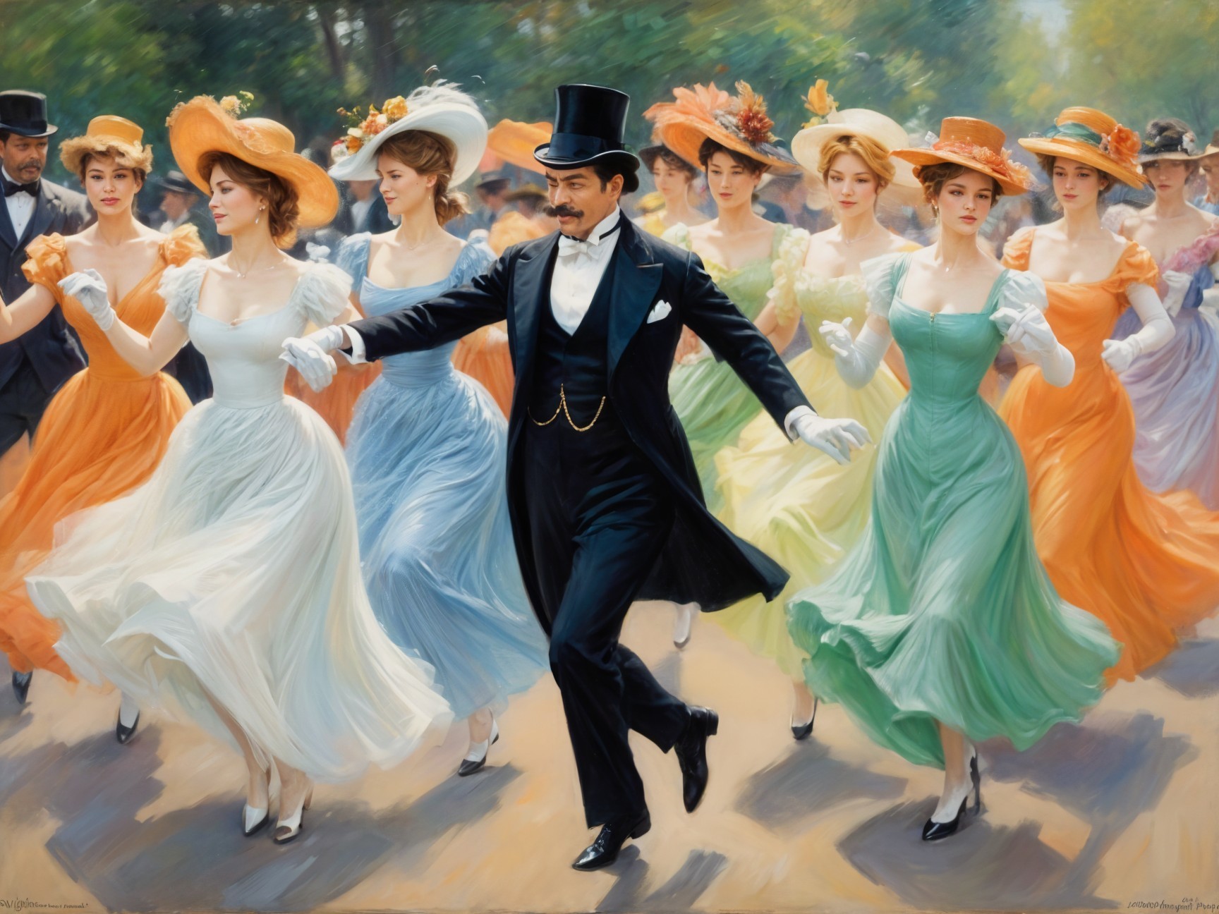 Elegant Women in Pastel Gowns at a Festive Parade
