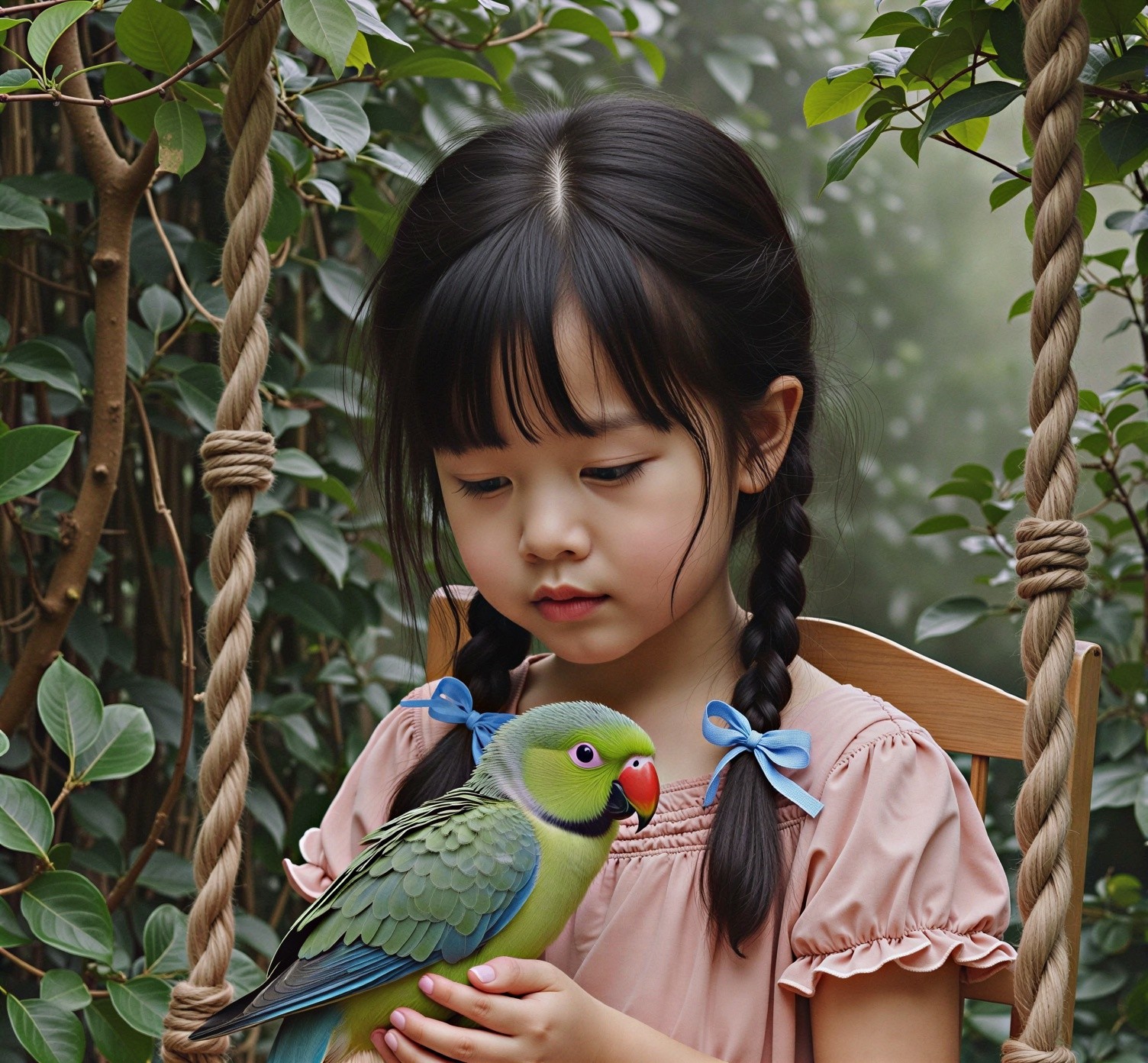 Young girl on swing with parrot in lush greenery