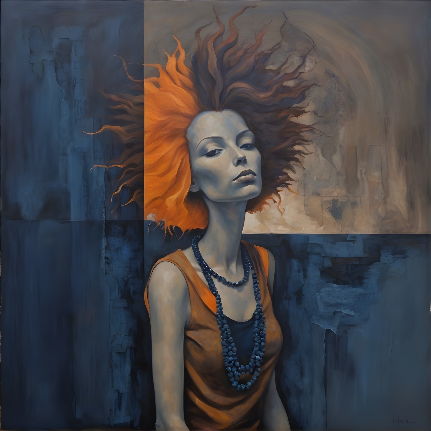 Portrait of a Woman with Orange Hair and Blue Background
