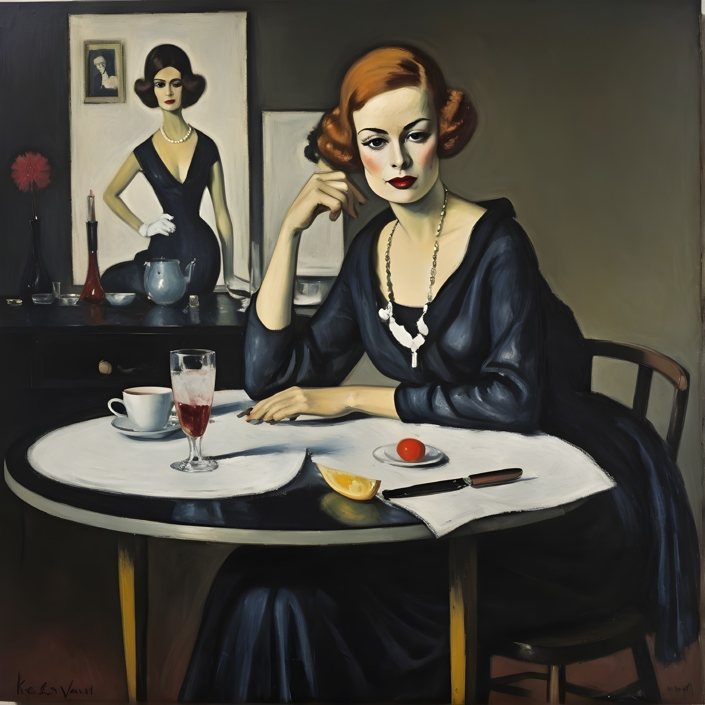 Elegant Woman at Table with Red Beverage and Reflection