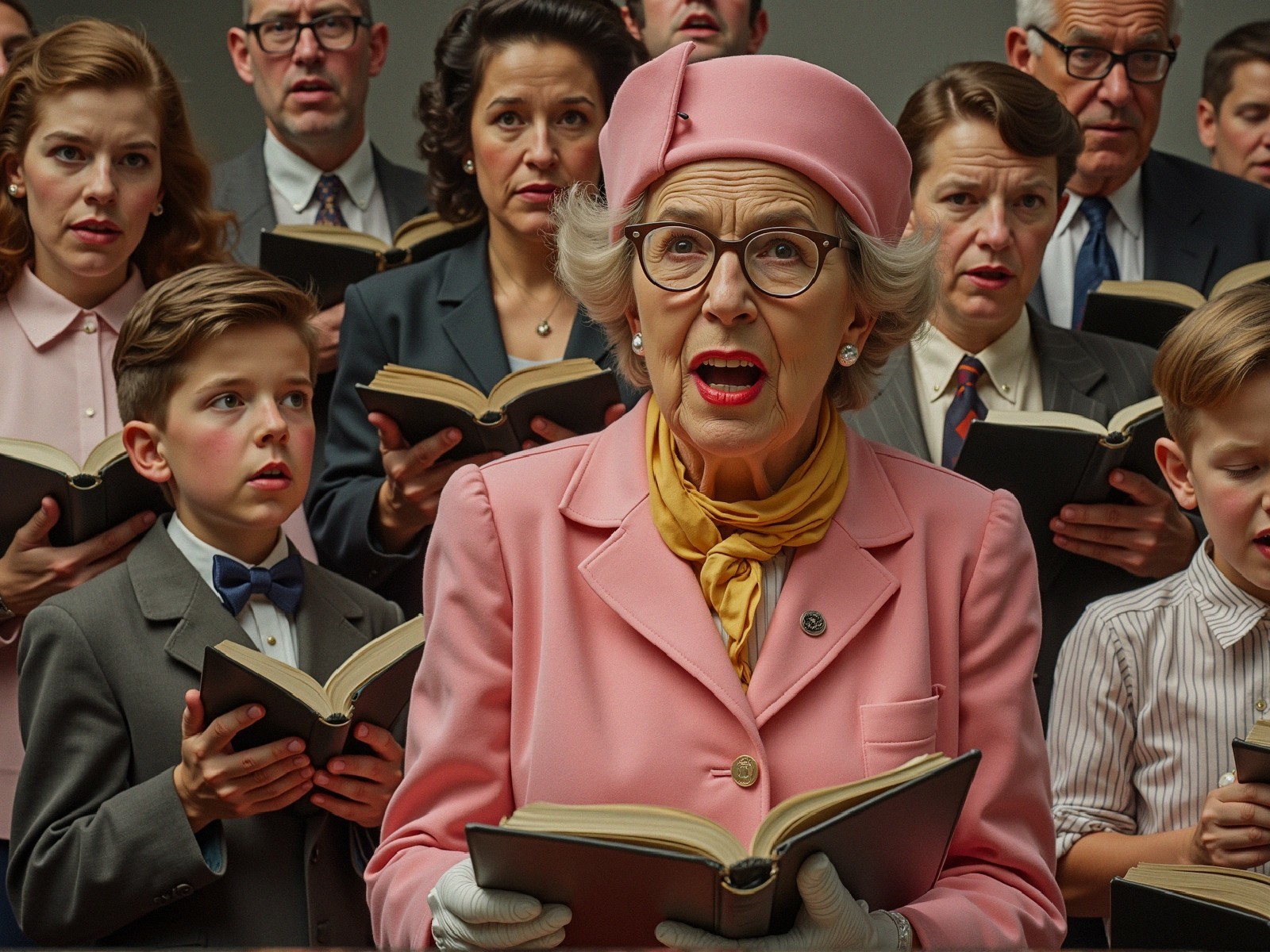 Elderly Woman Leads Choir in Formal Attire Gathering