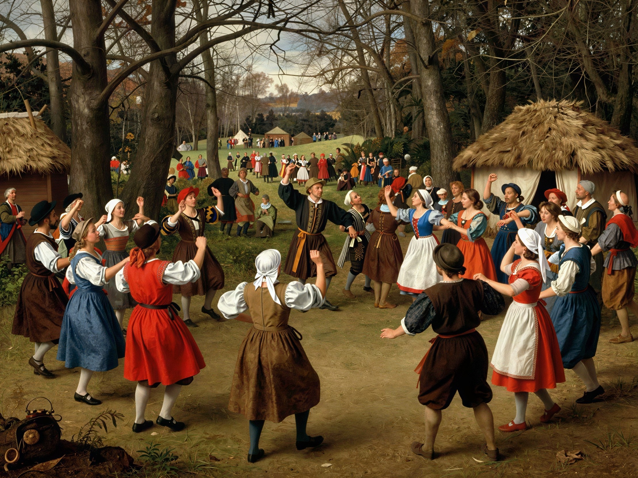 Period Costumed Dancers in Village Scene with Huts