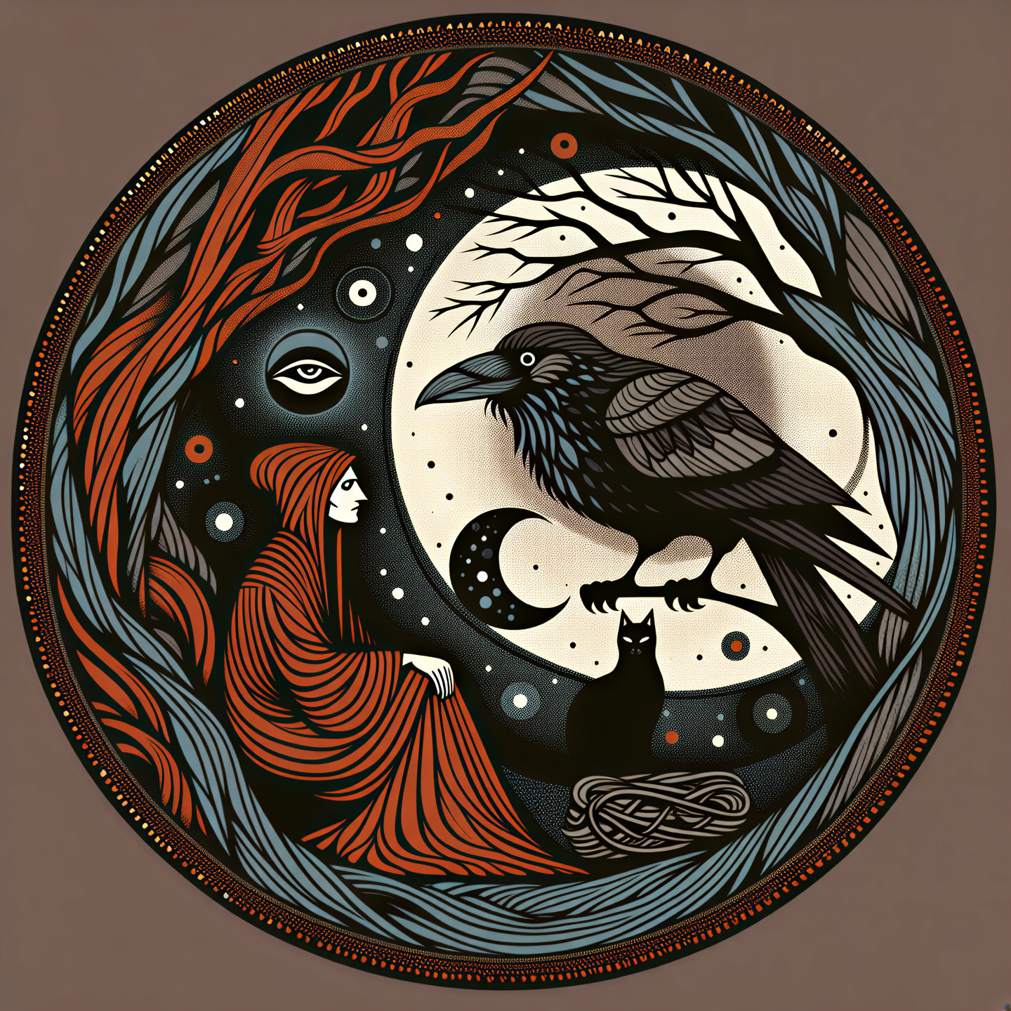 Mystical Scene with Hooded Figure Under Full Moon