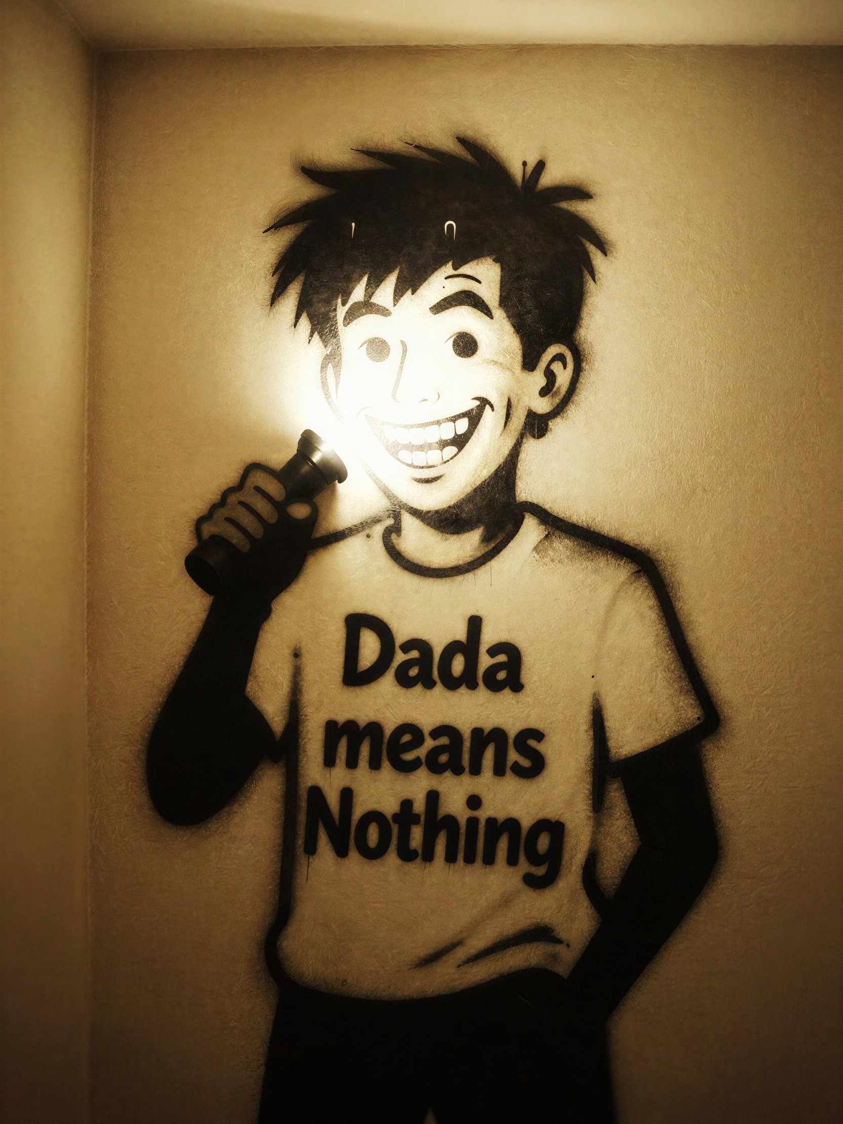 Sepia-toned stencil drawing of a cartoon boy