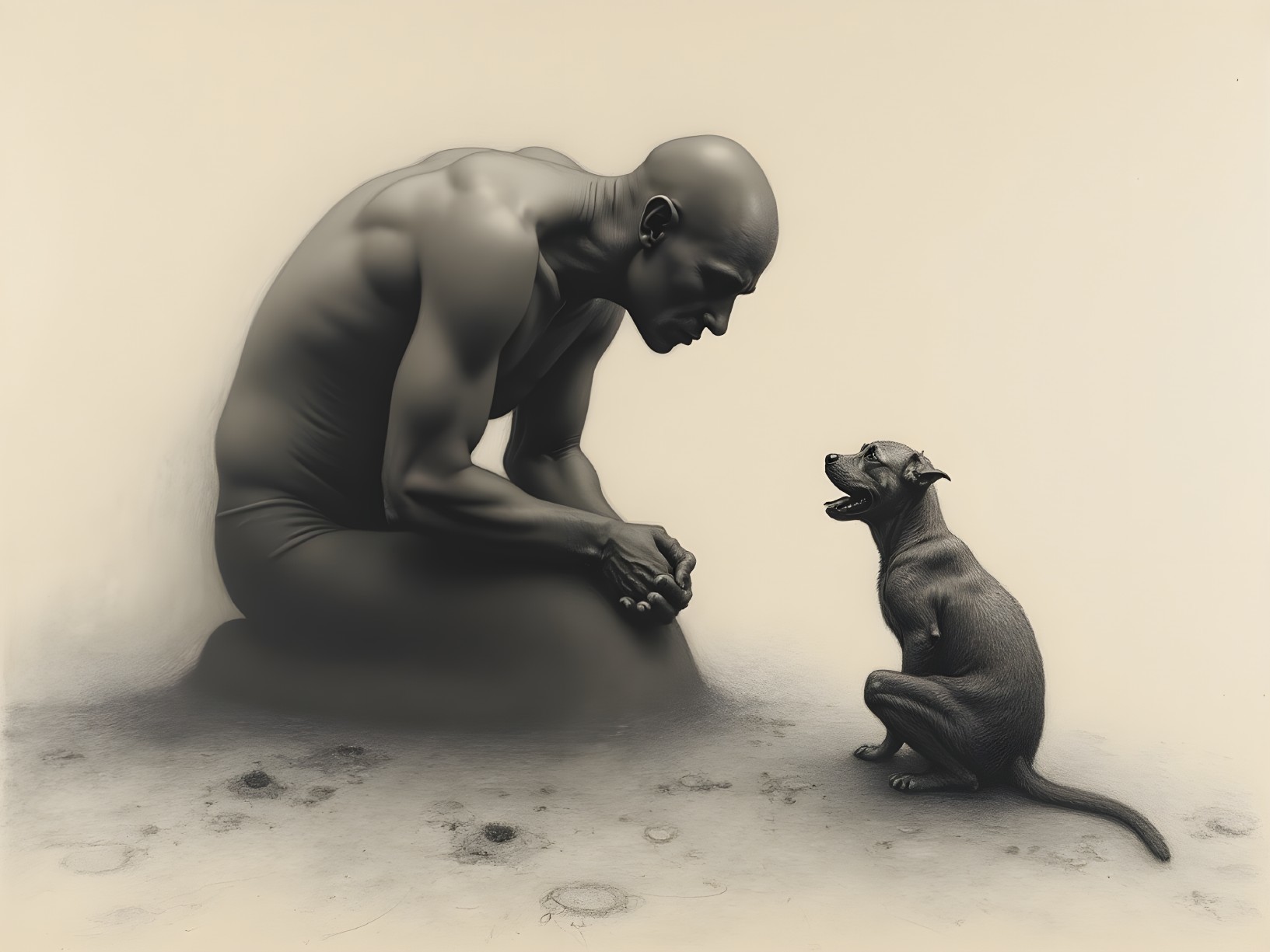 Muscular Figure and Playful Dog in Monochromatic Scene