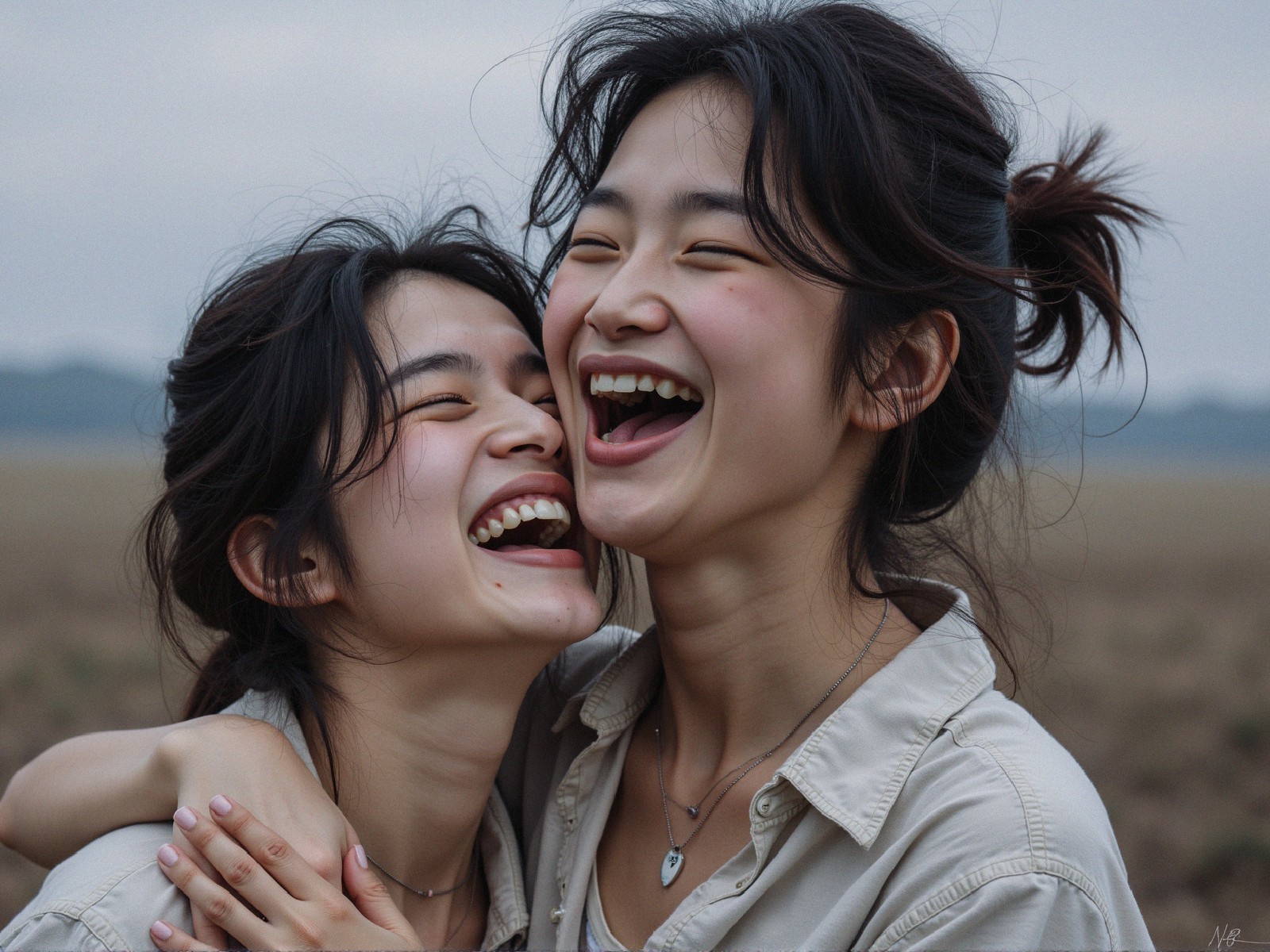 Young Women Embracing in Joyful Outdoor Moment
