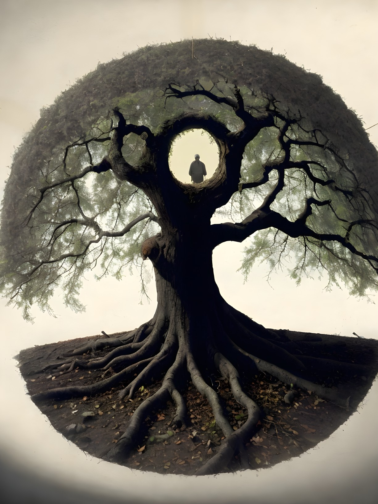 Majestic tree with gnarled branches and circular opening