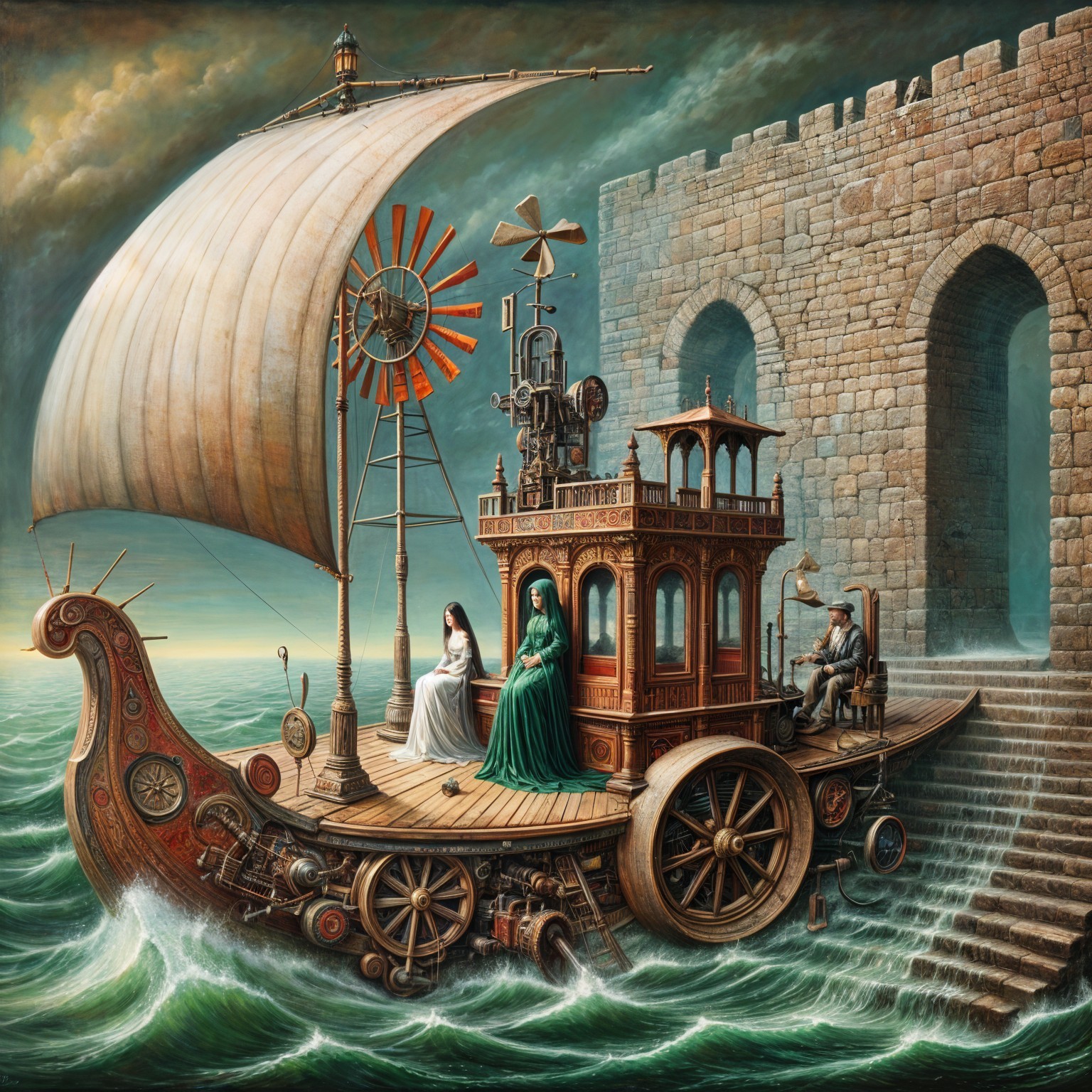 Steampunk Vessel with Ornate Deck and Fortress Backdrop