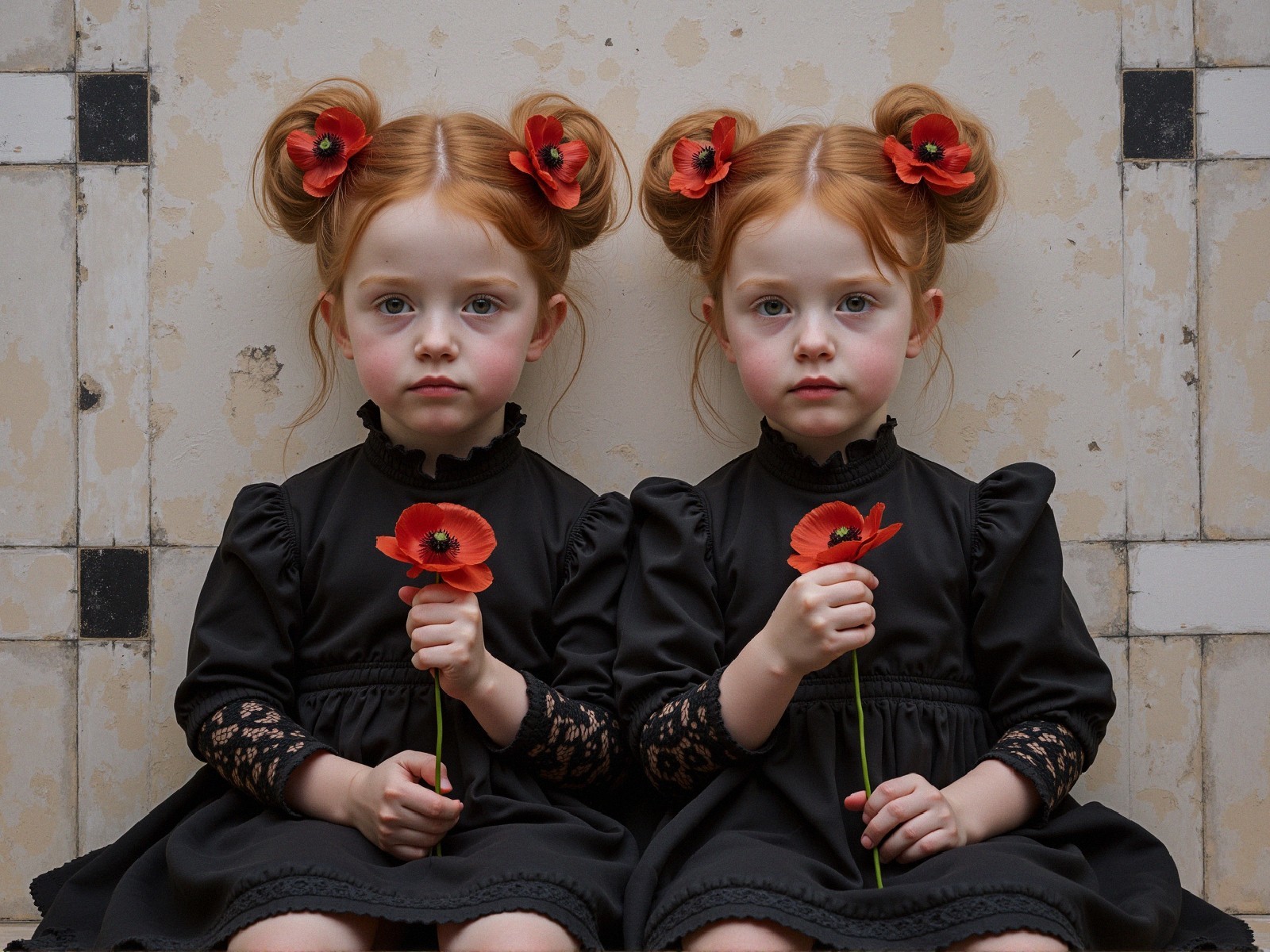 Identical Twin Girls in Black Dresses with Flowers