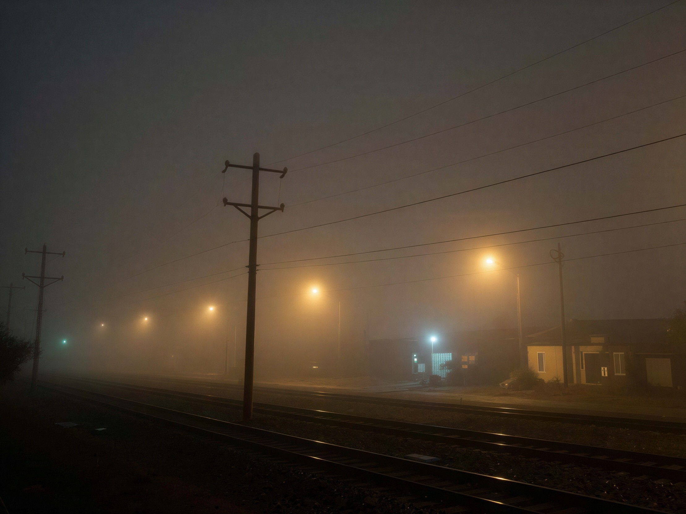 Foggy Nighttime Street Scene with Railroad Tracks