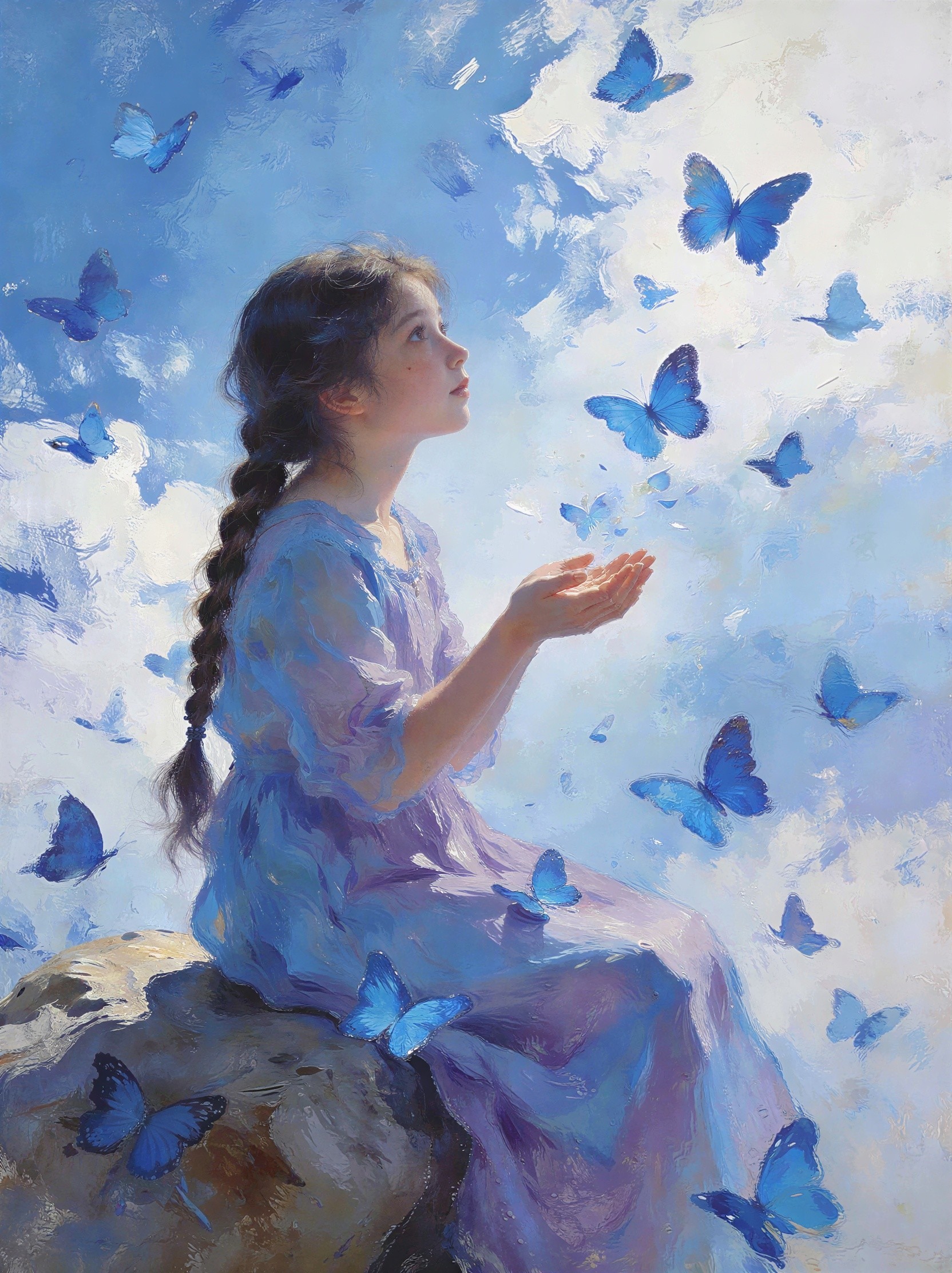 Painting of a girl releasing blue butterflies in sky