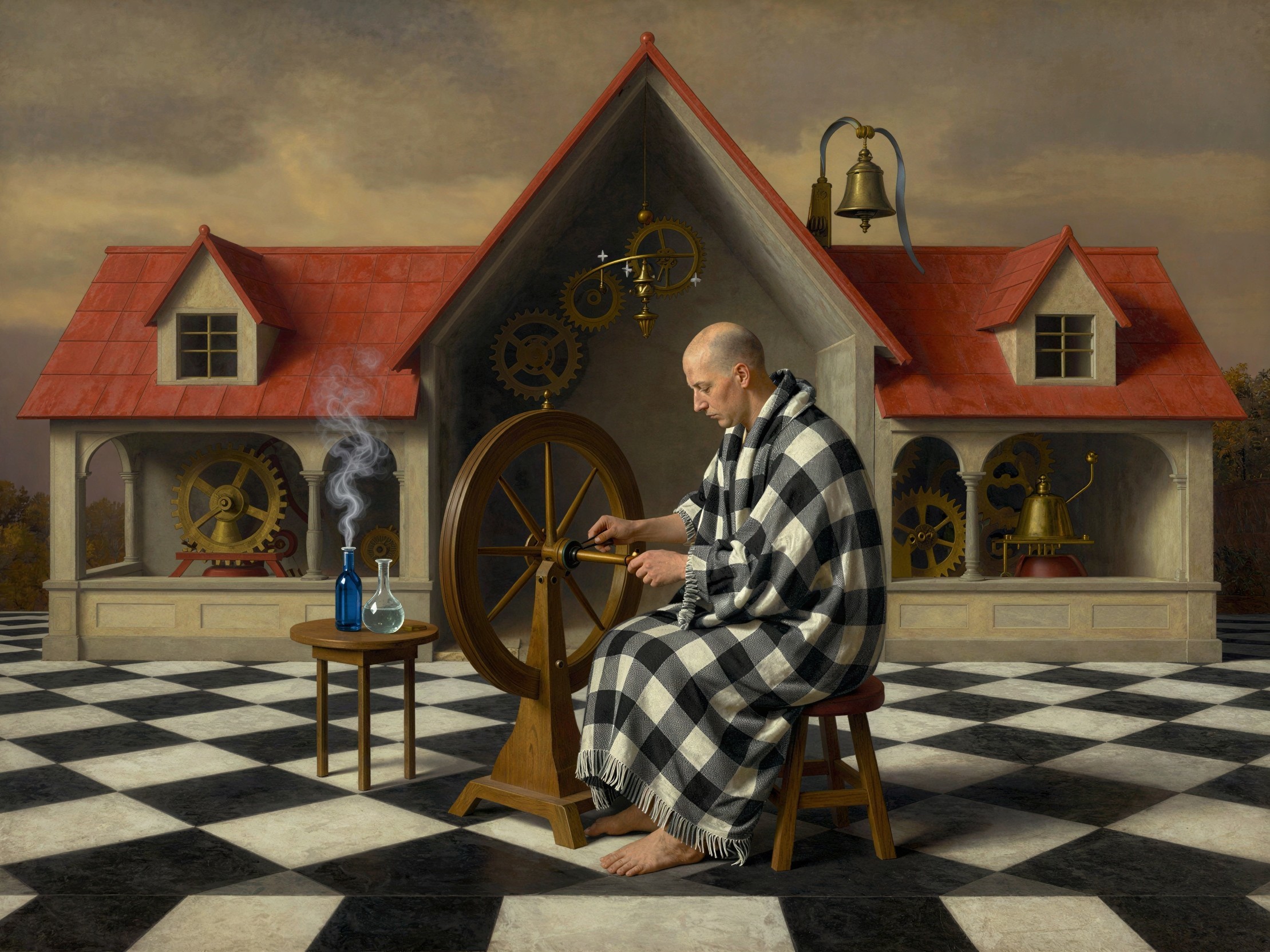 Surreal Painting of Man Spinning on Checkerboard Floor