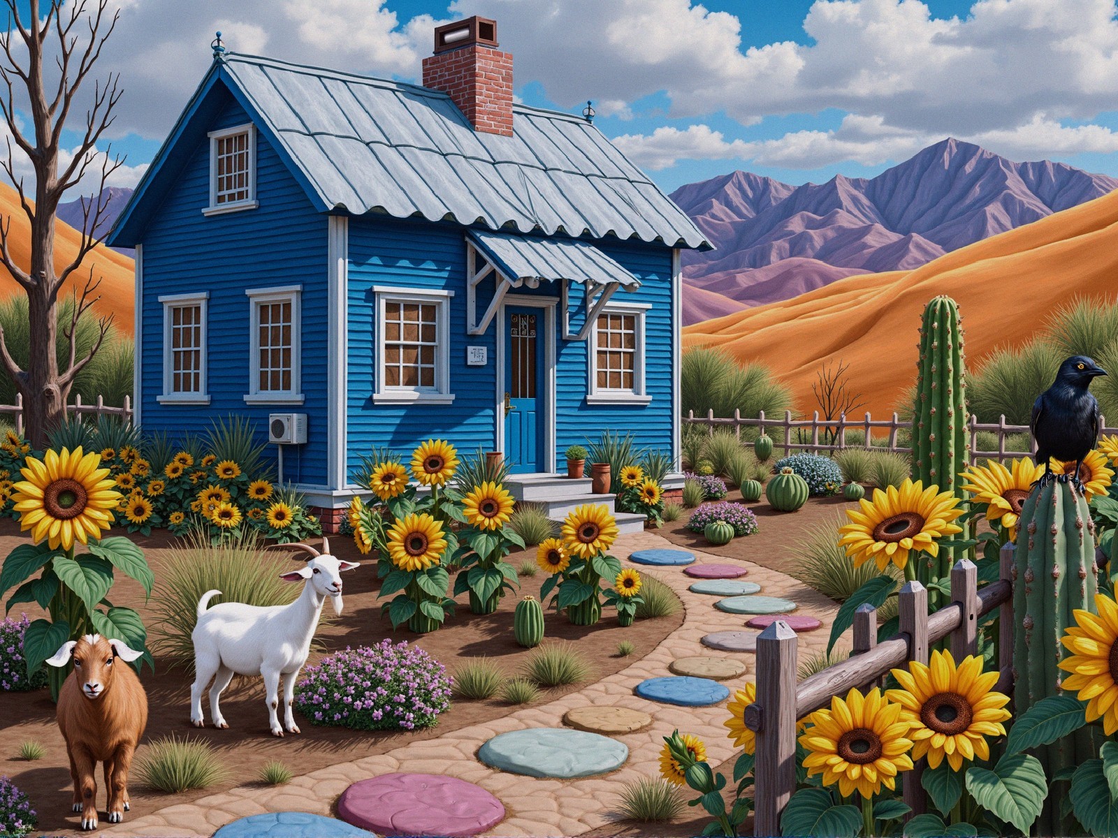 Charming Blue House Surrounded by Sunflowers and Goats