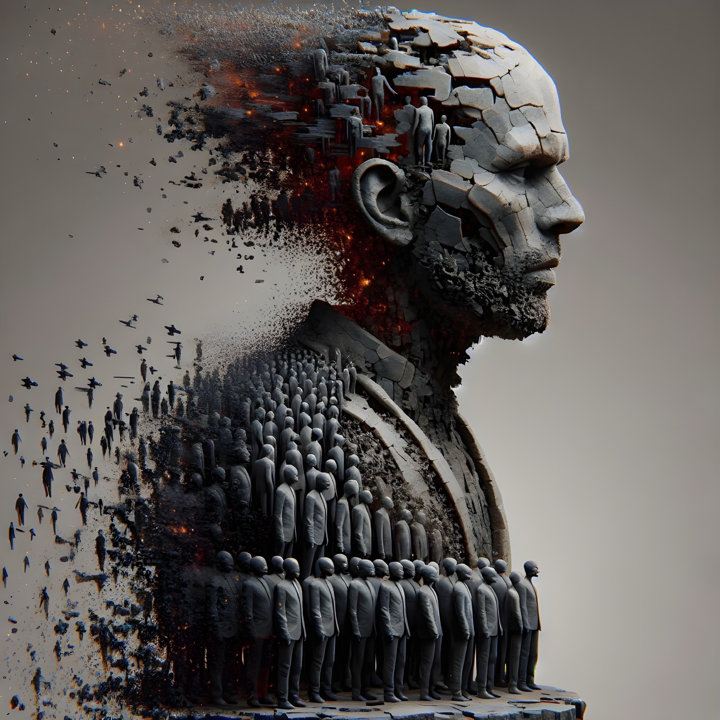 Sculpture of Disintegrating Man's Profile and Crowd