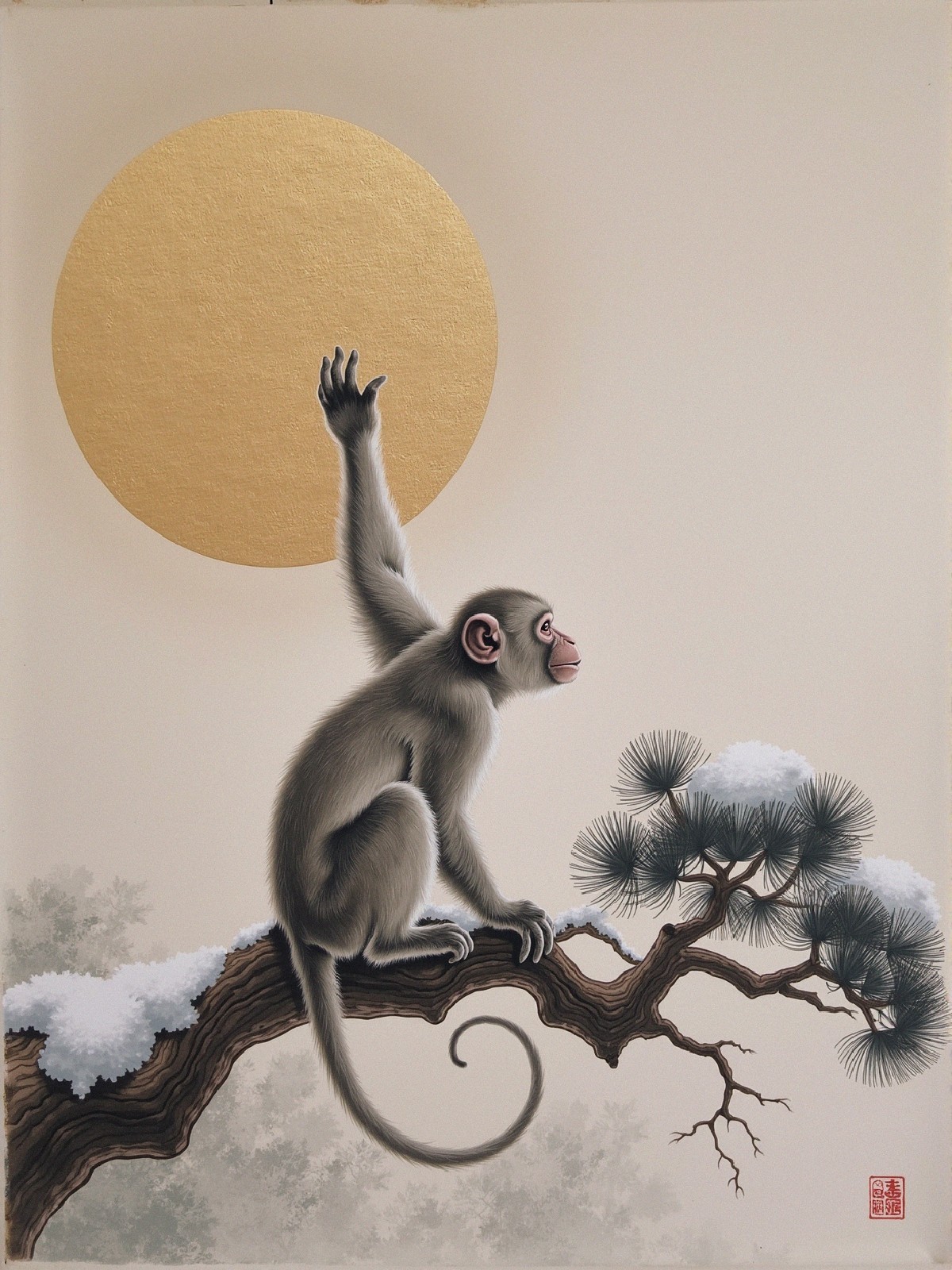 Serene Monkey on Snowy Branch Under Golden Sun