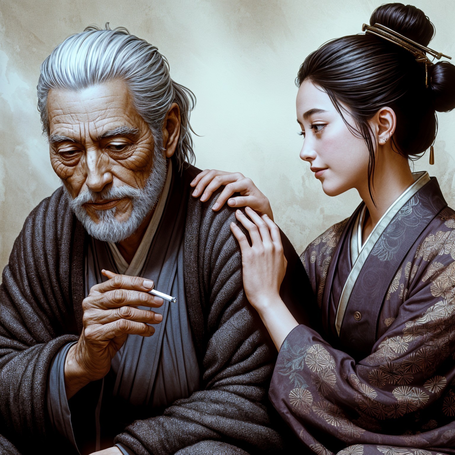 Elderly Man and Young Woman in Traditional Garments