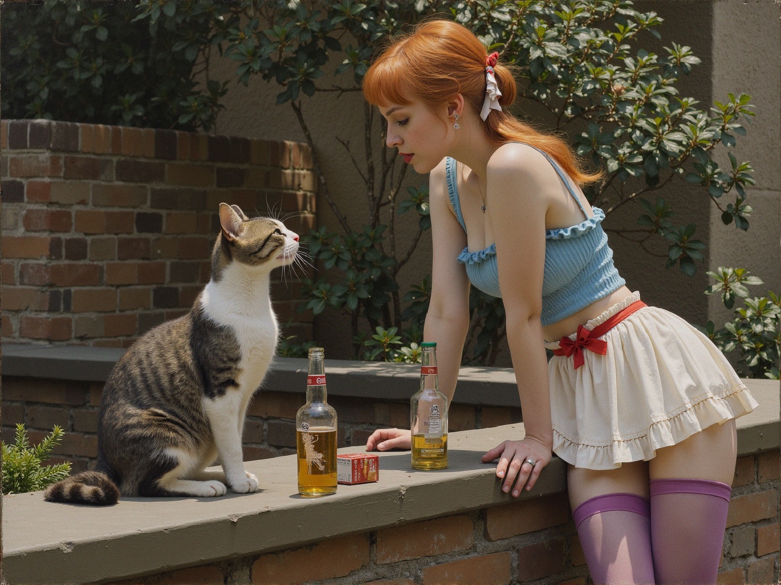 Young woman with red hair interacts with a cat outdoors