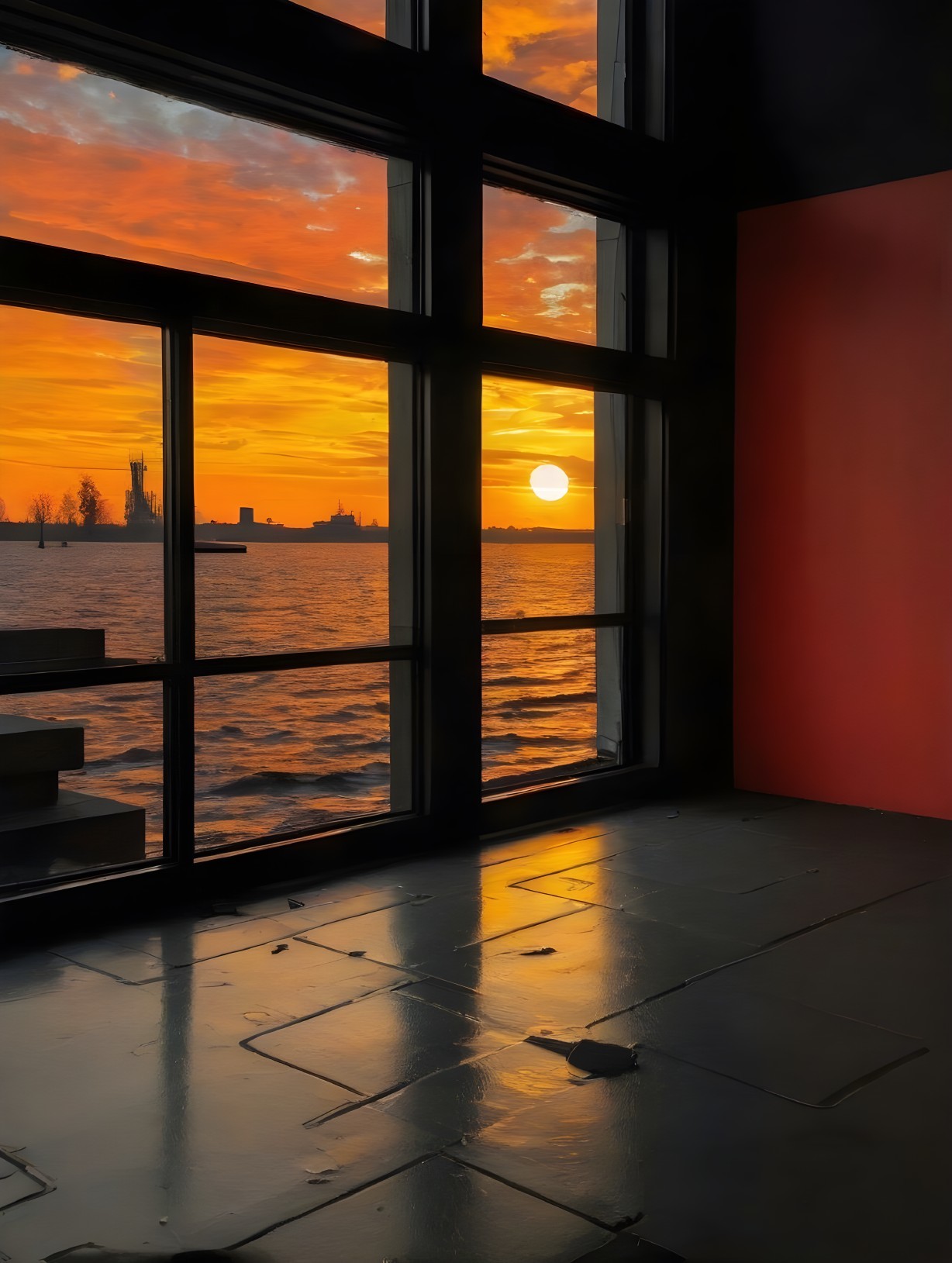 Vibrant sunset view through modern windows with reflections