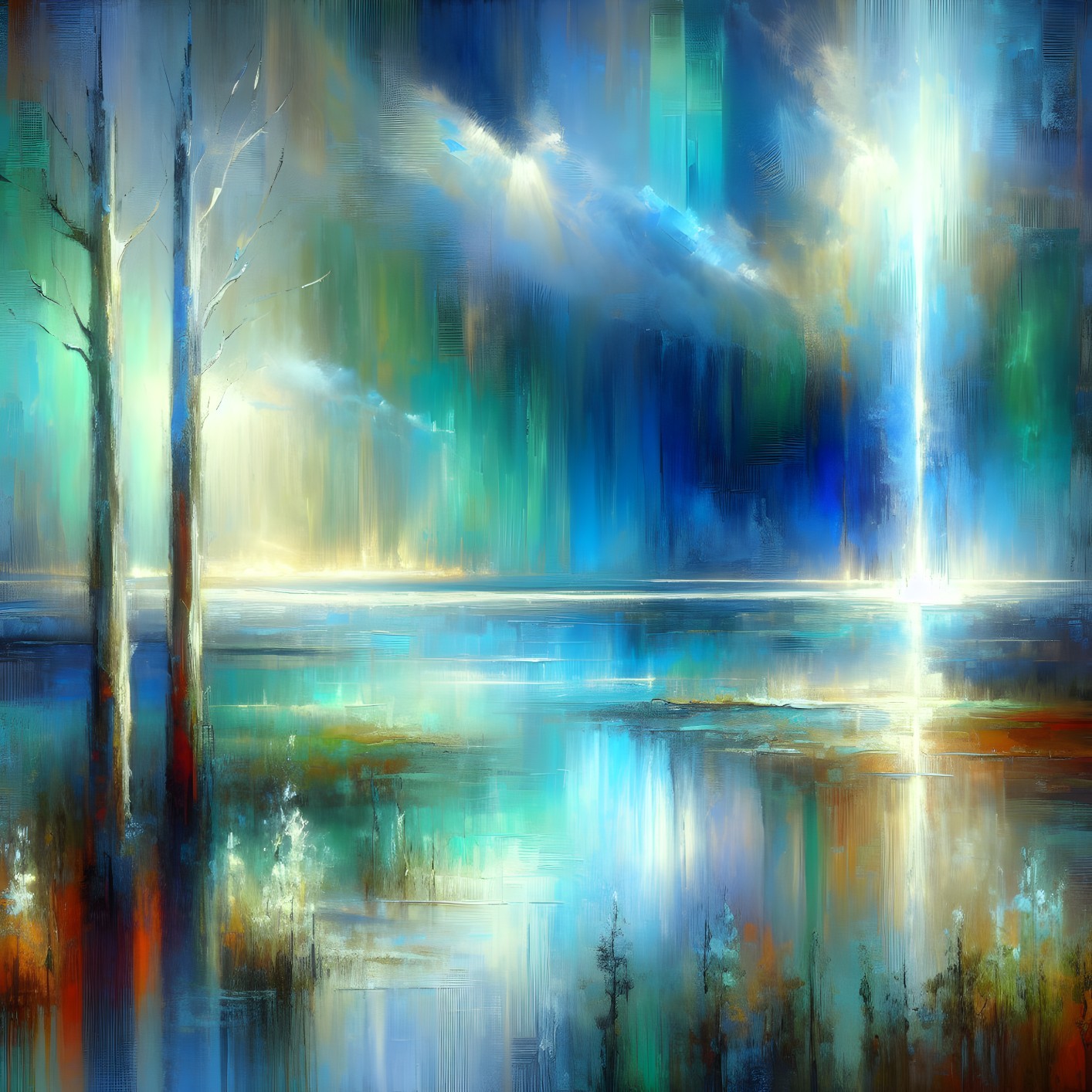 Vibrant Abstract Landscape with Reflective Water Body