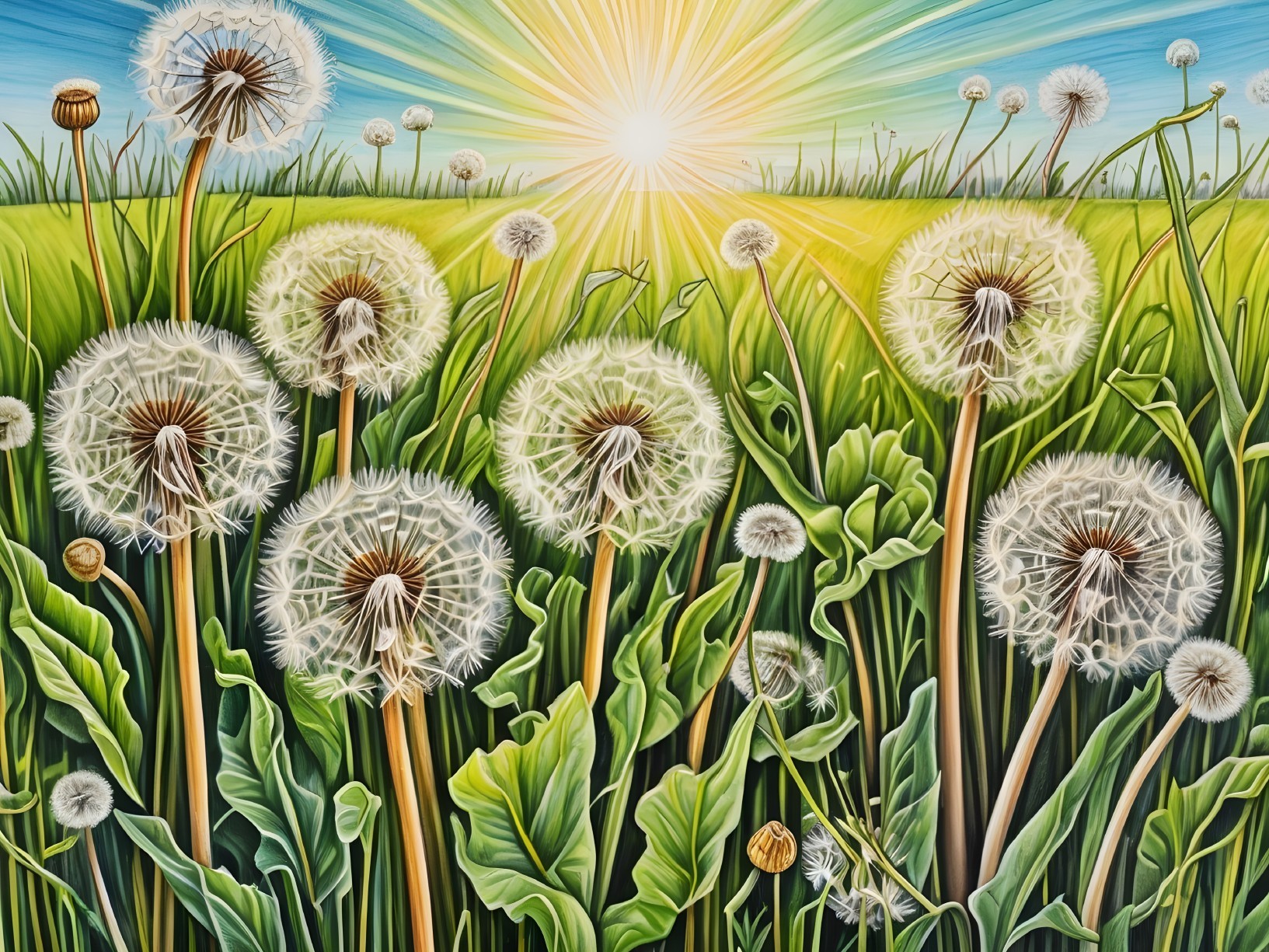 Vibrant landscape of dandelions in sunny grass field