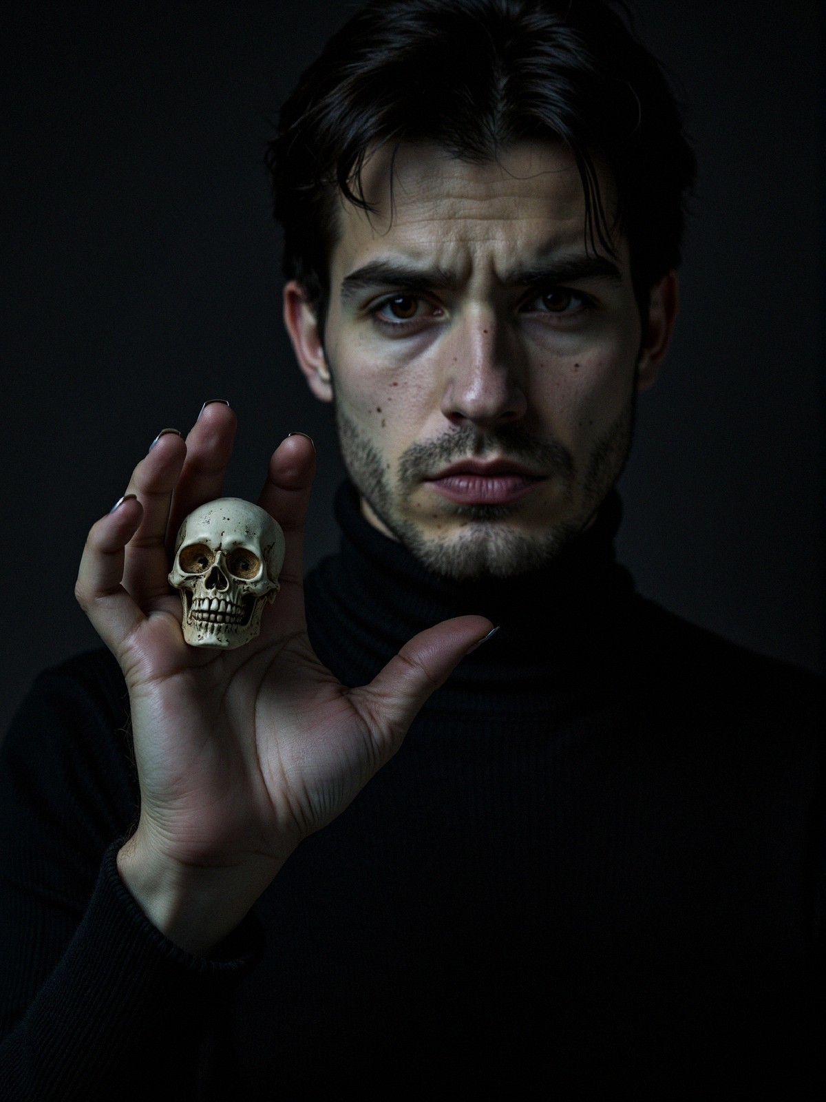 Young Man in Black Turtleneck Holding Skull