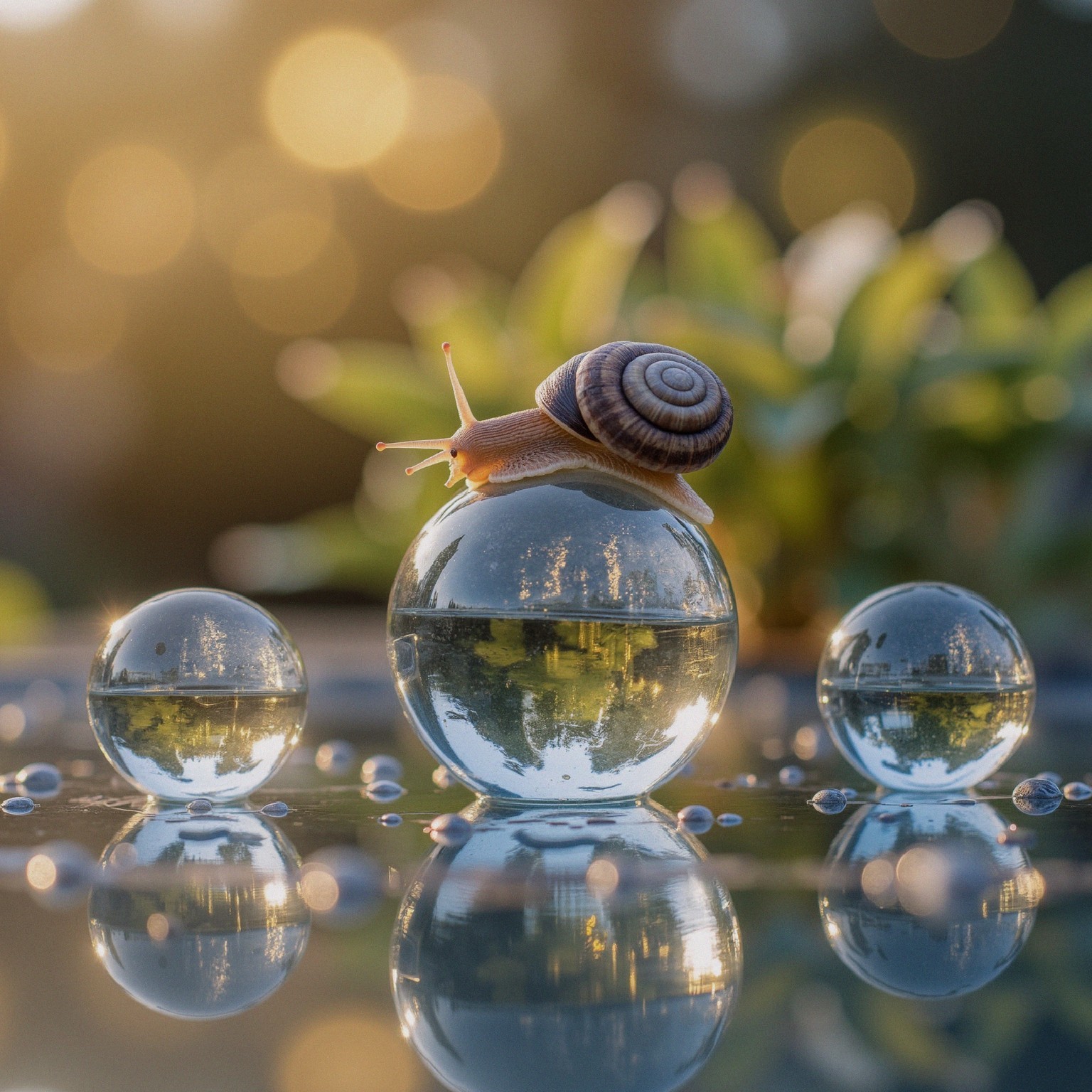 Delicate Snail on Glass Sphere with Green Foliage