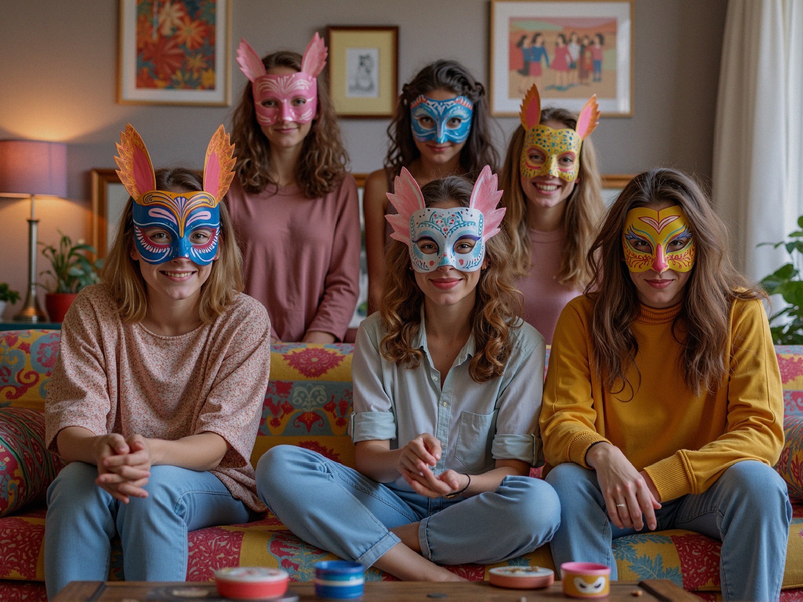 Women in Colorful Masks on a Cozy Couch Gathering