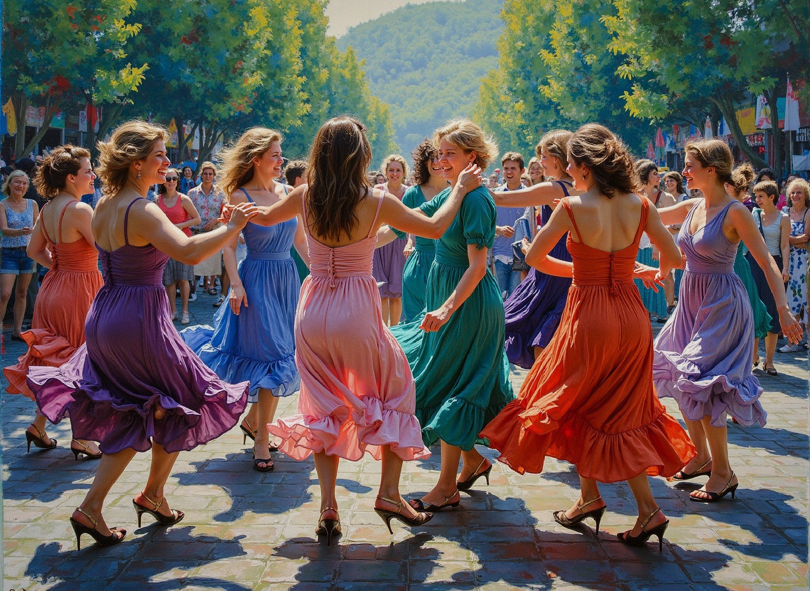Joyful Dance of Women in Colorful Dresses Outdoors